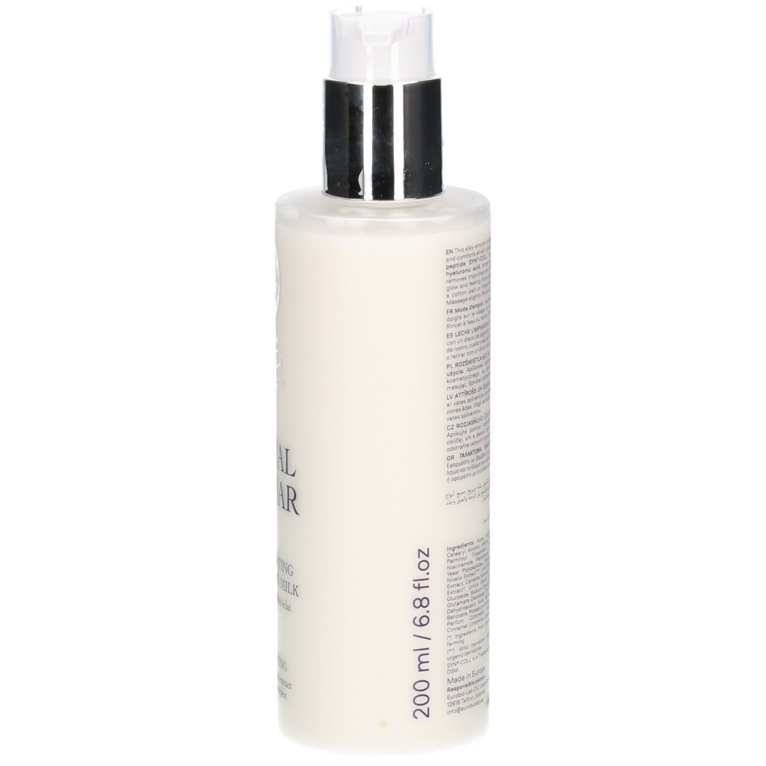 Rückseite der Flasche. Text in mehreren Sprachen. Produktname: Royal Caviar Illuminating Cleansing Milk.