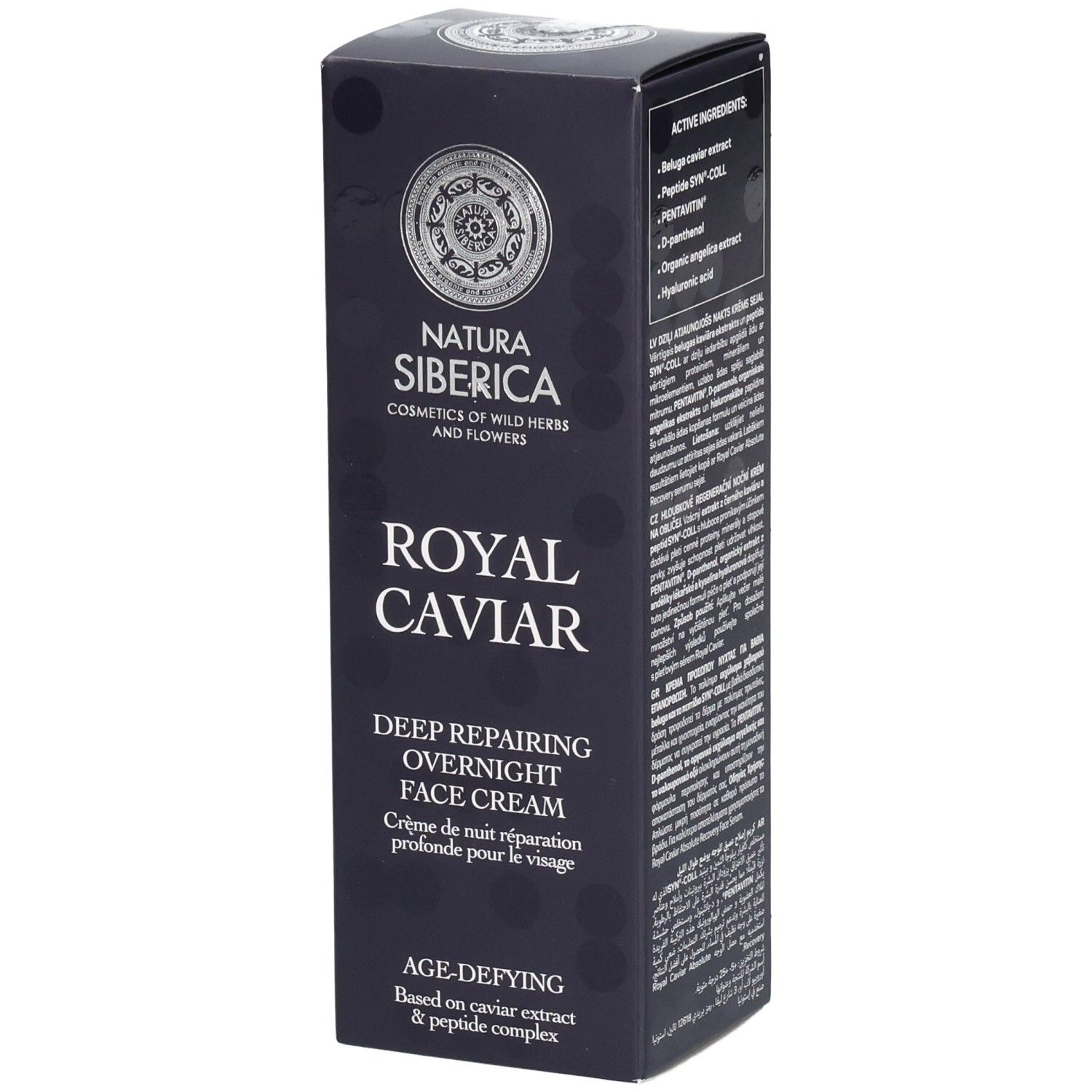 Dunkelblaue Verpackung mit Produktnamen und Logo. Text: Royal Caviar Deep Repairing Overnight Face Cream.