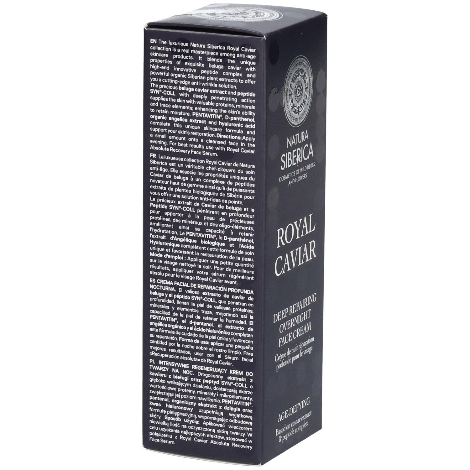 Dunkelblaue Verpackung mit Text. Logo und Produktname: Royal Caviar Deep Repairing Overnight Face Cream.