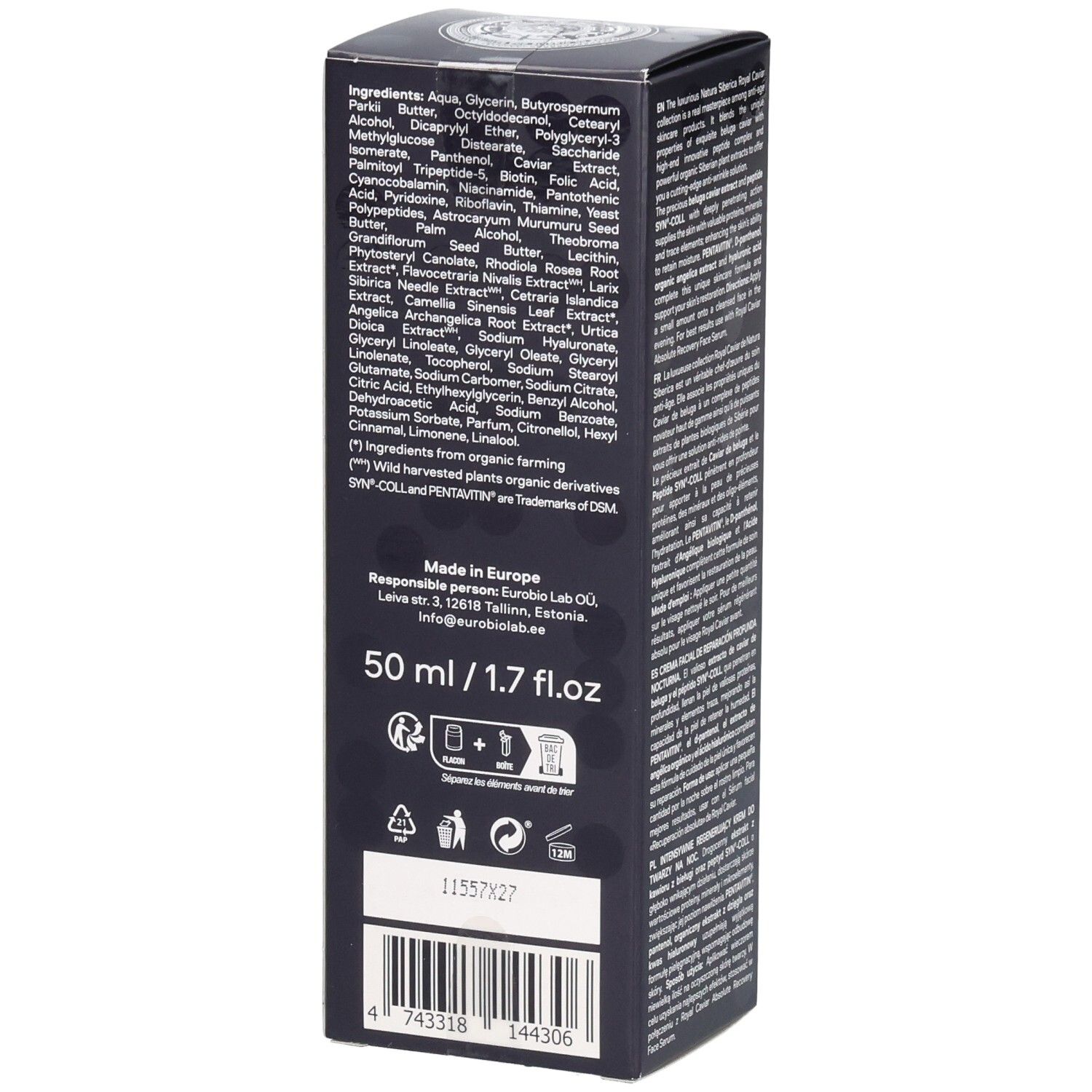 Rückseite der dunkelblauen Verpackung. Enthält Inhaltsstoffe, Herstellerinformationen und Barcode.