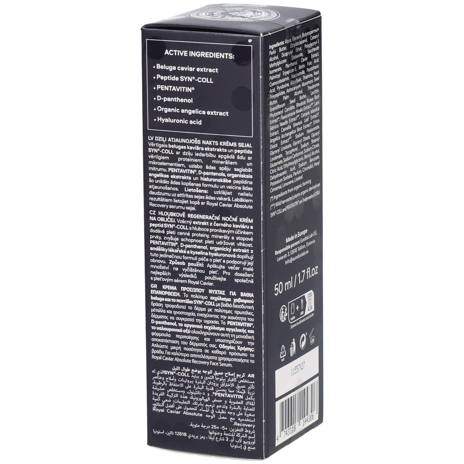 Dunkelblaue Verpackung mit Text. Enthält Inhaltsstoffe und Produktinformationen.