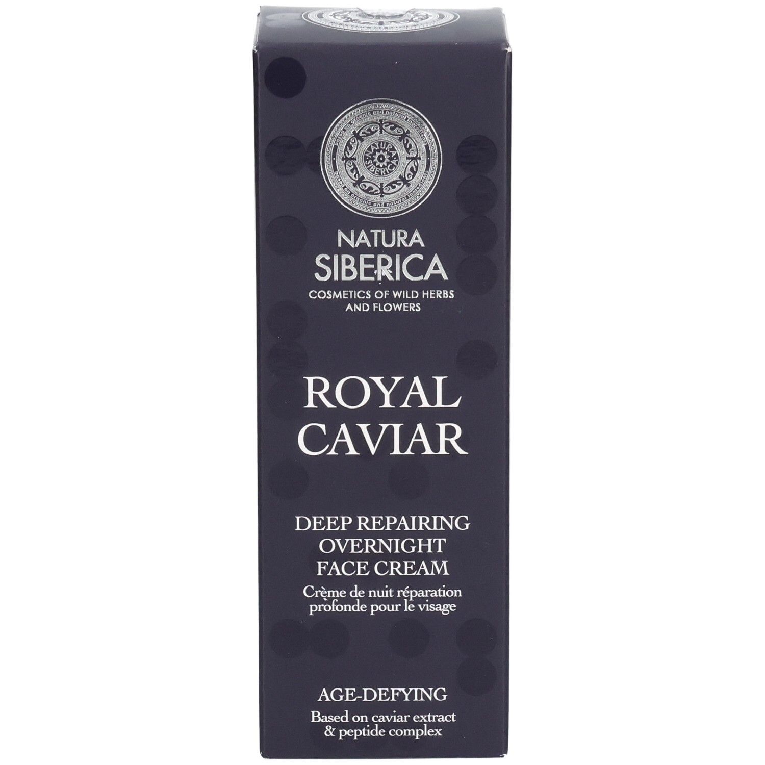 Dunkelblaue Verpackung mit Logo und Produktnamen: Royal Caviar Deep Repairing Overnight Face Cream.