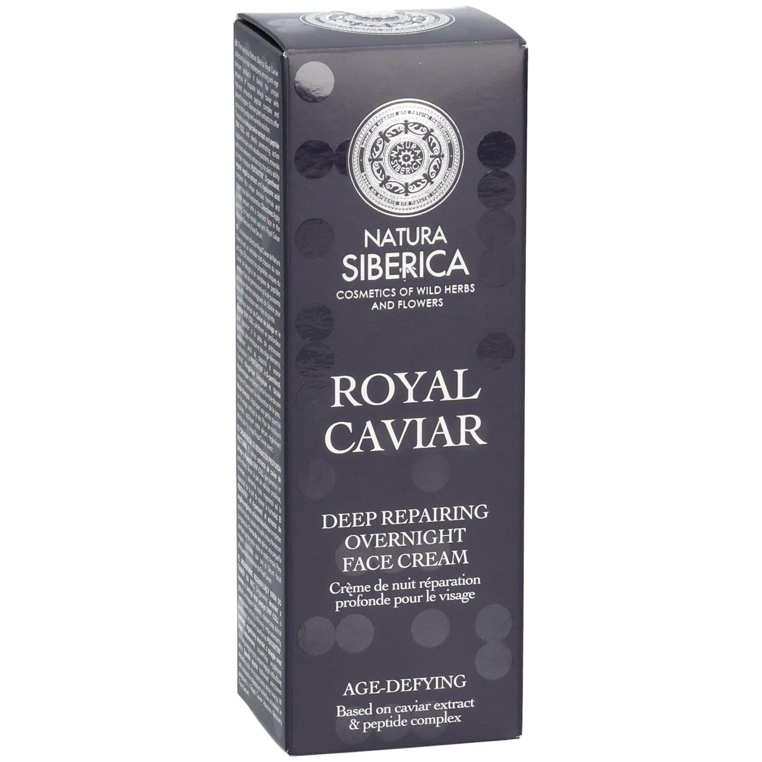 Dunkelblaue Verpackung mit Logo und Produktnamen: Royal Caviar Deep Repairing Overnight Face Cream.