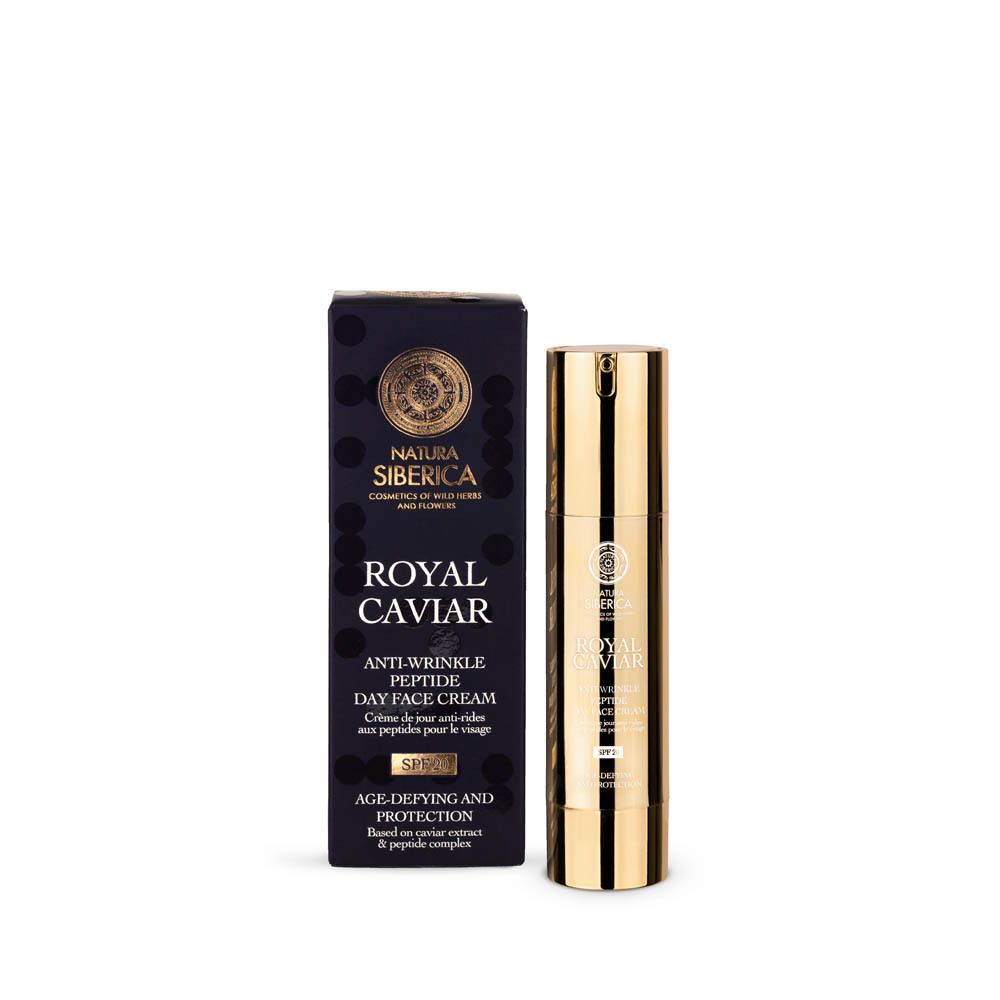 Boîte pliante bleu foncé et tube de crème doré. Inscription: Royal Caviar Anti-Wrinkle Peptide Day Face Cream SPF20.