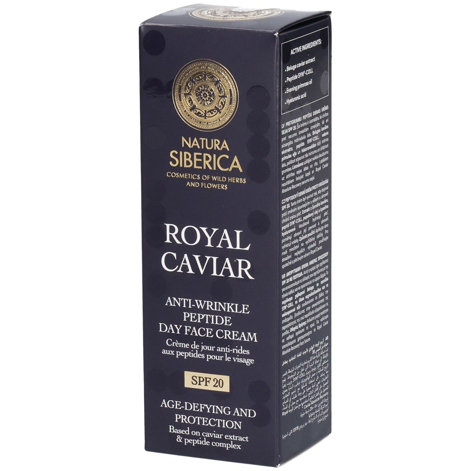 Dunkelblaue Faltschachtel. Aufschrift: Royal Caviar Anti-Wrinkle Peptide Day Face Cream SPF20. Marke: Natura Siberica.