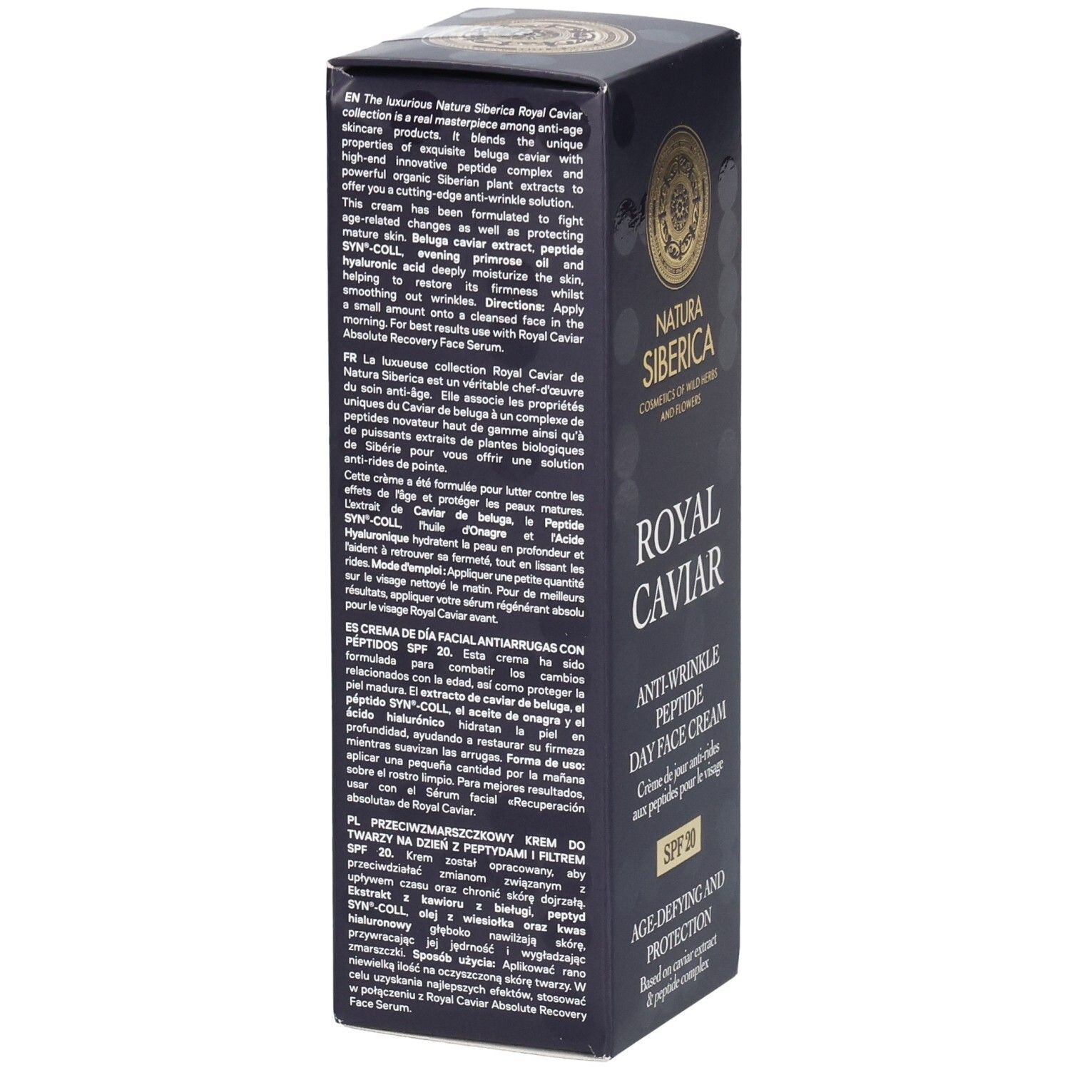 Dunkelblaue Faltschachtel. Text in mehreren Sprachen. Aufschrift: Royal Caviar Anti-Wrinkle Peptide Day Face Cream SPF20. Marke: Natura Siberica.