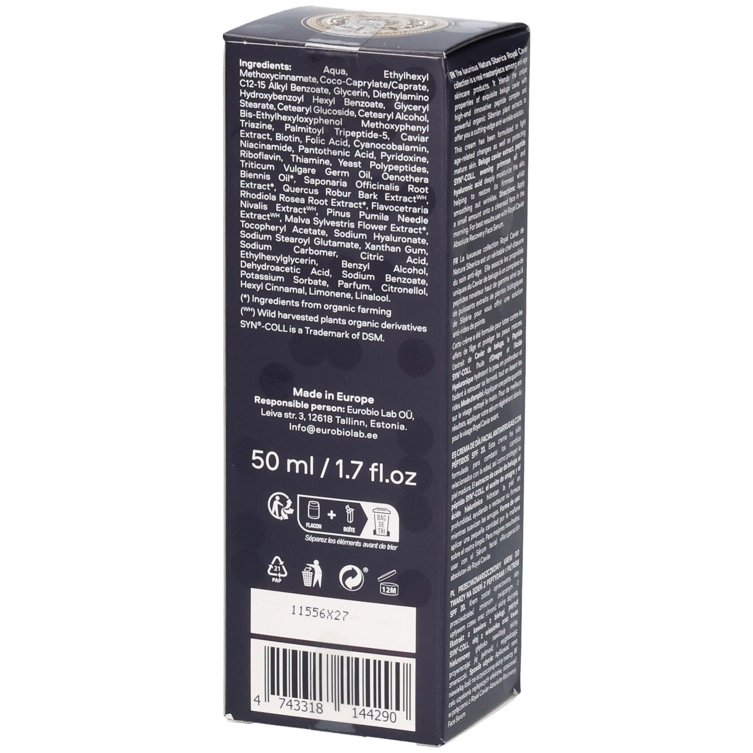 Dunkelblaue Faltschachtel. Auflistung der Inhaltsstoffe und Herstellerinformationen. Aufschrift: 50 ml / 1.7 fl.oz.