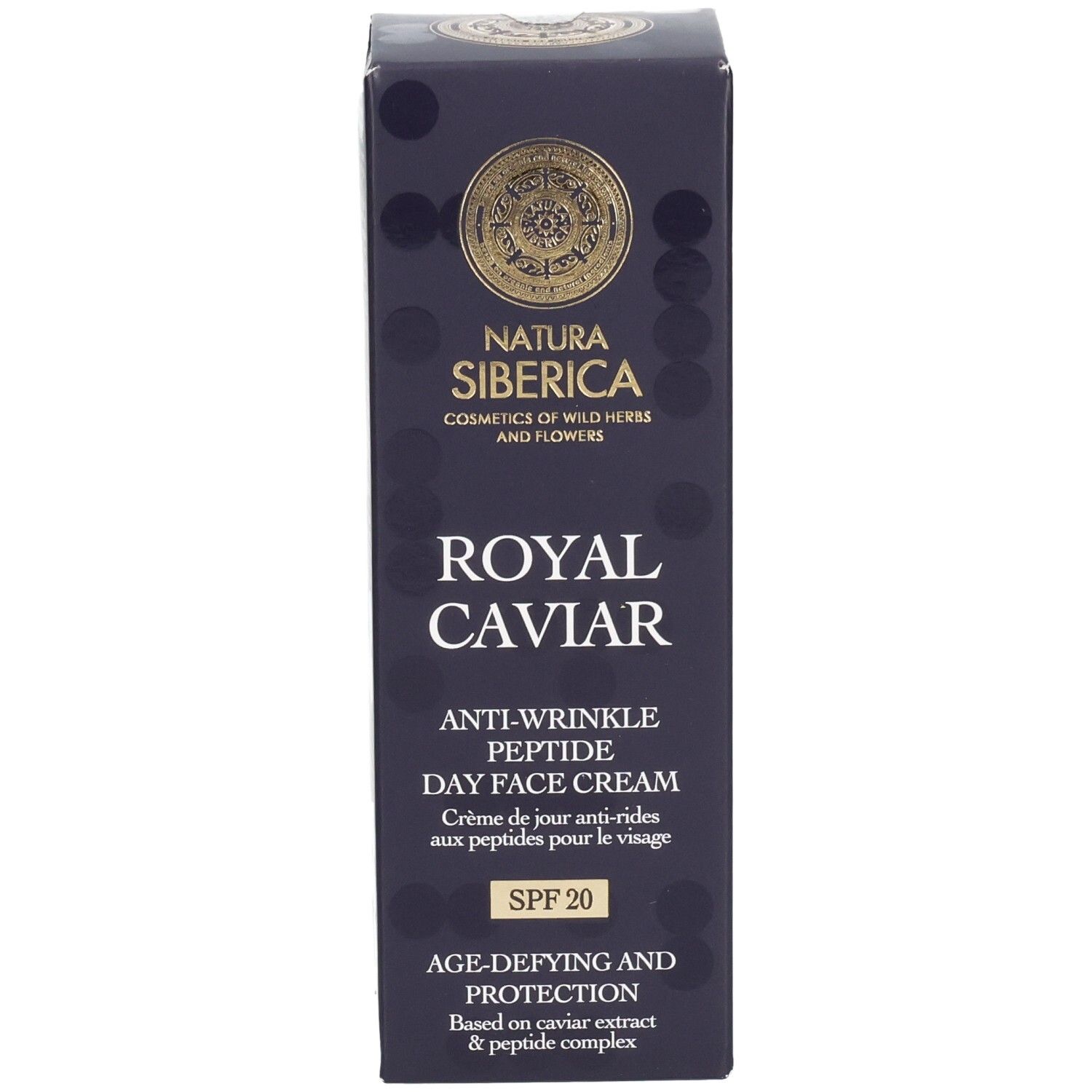 Dunkelblaue Faltschachtel. Aufschrift: Royal Caviar Anti-Wrinkle Peptide Day Face Cream SPF20. Marke: Natura Siberica.