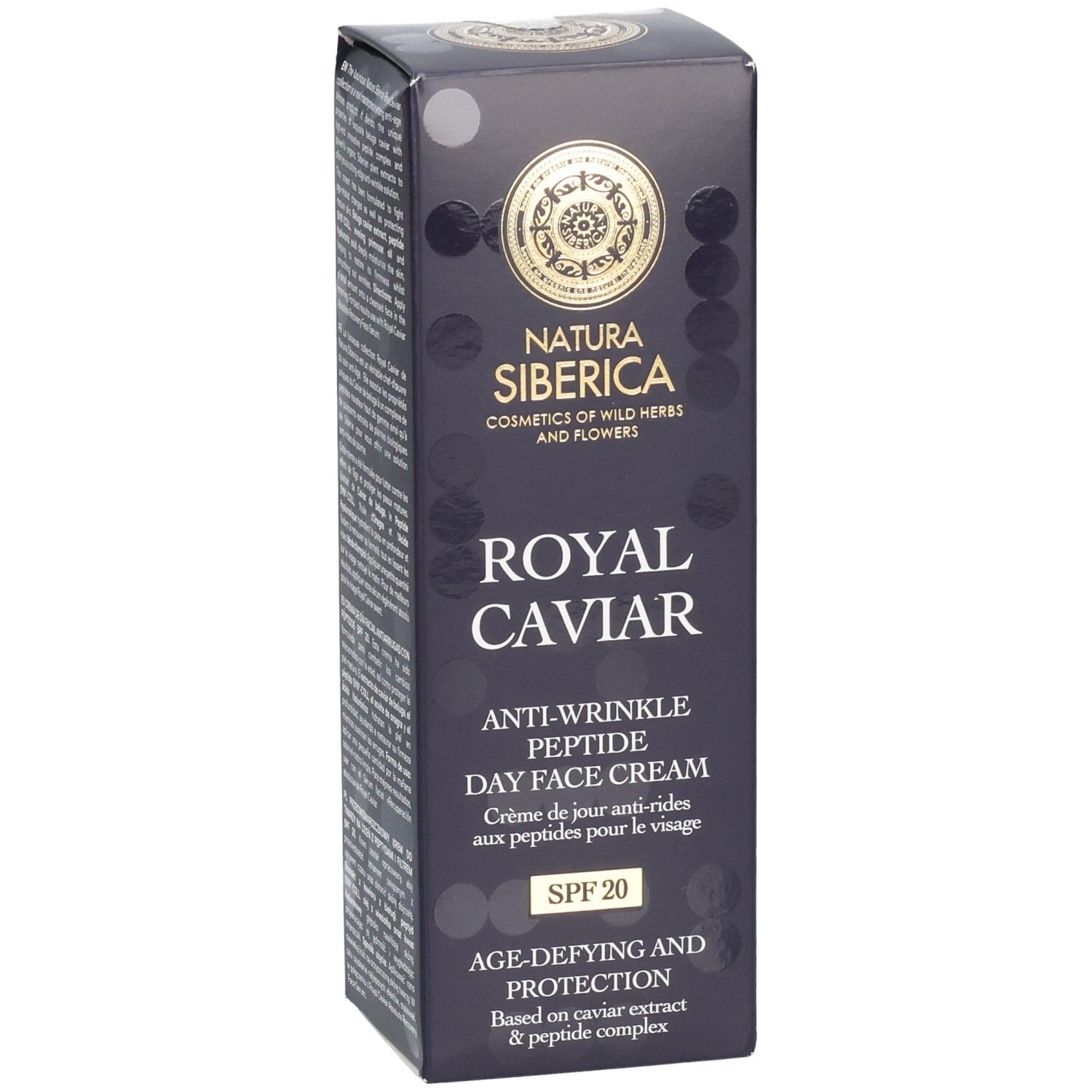 Dunkelblaue Faltschachtel. Aufschrift: Royal Caviar Anti-Wrinkle Peptide Day Face Cream SPF20. Marke: Natura Siberica.