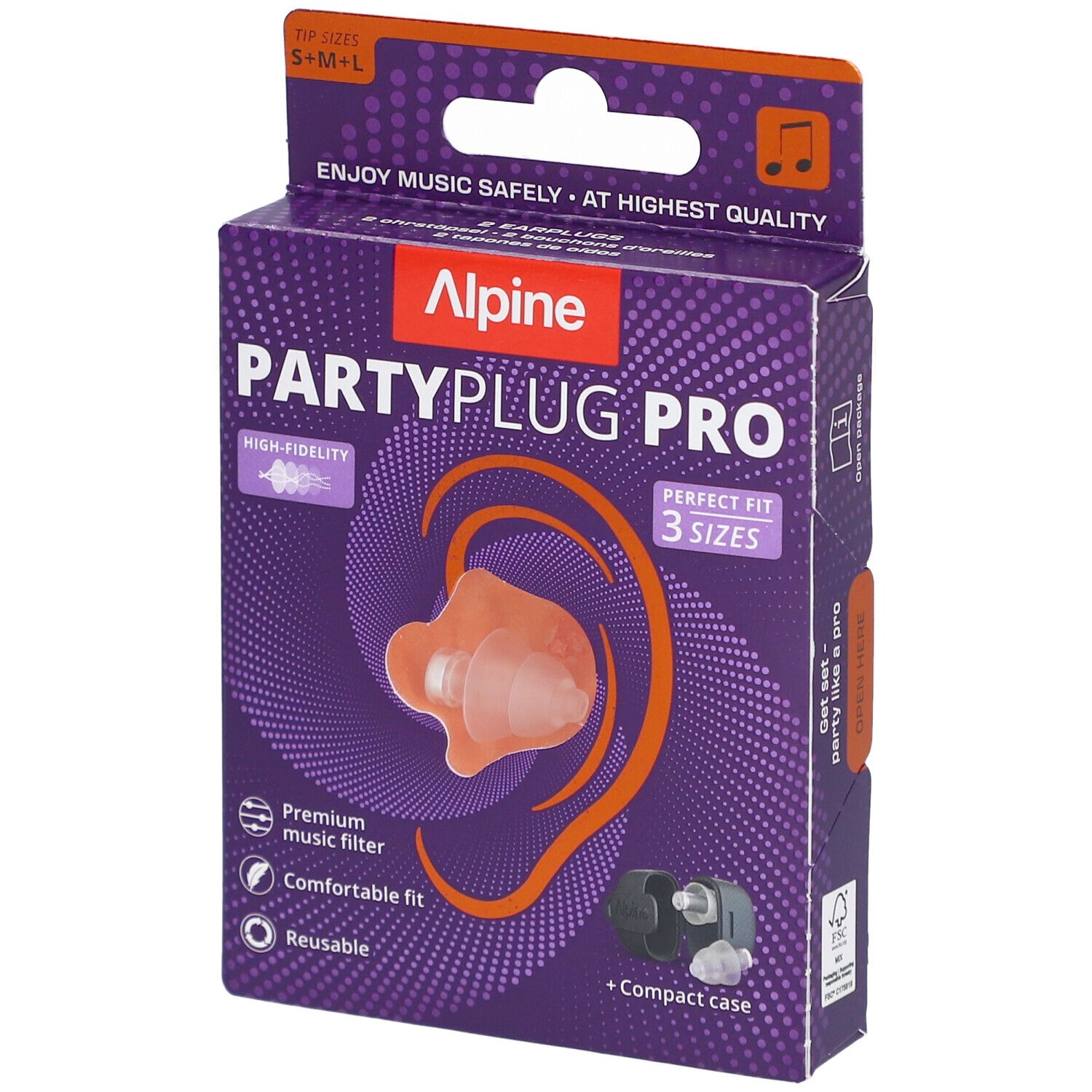 Verpackung mit Alpine PartyPlug Pro Ohrstöpseln. Enthält 3 Größen und eine kompakte Hülle. Aufdruck: Premium-Musikfilter.