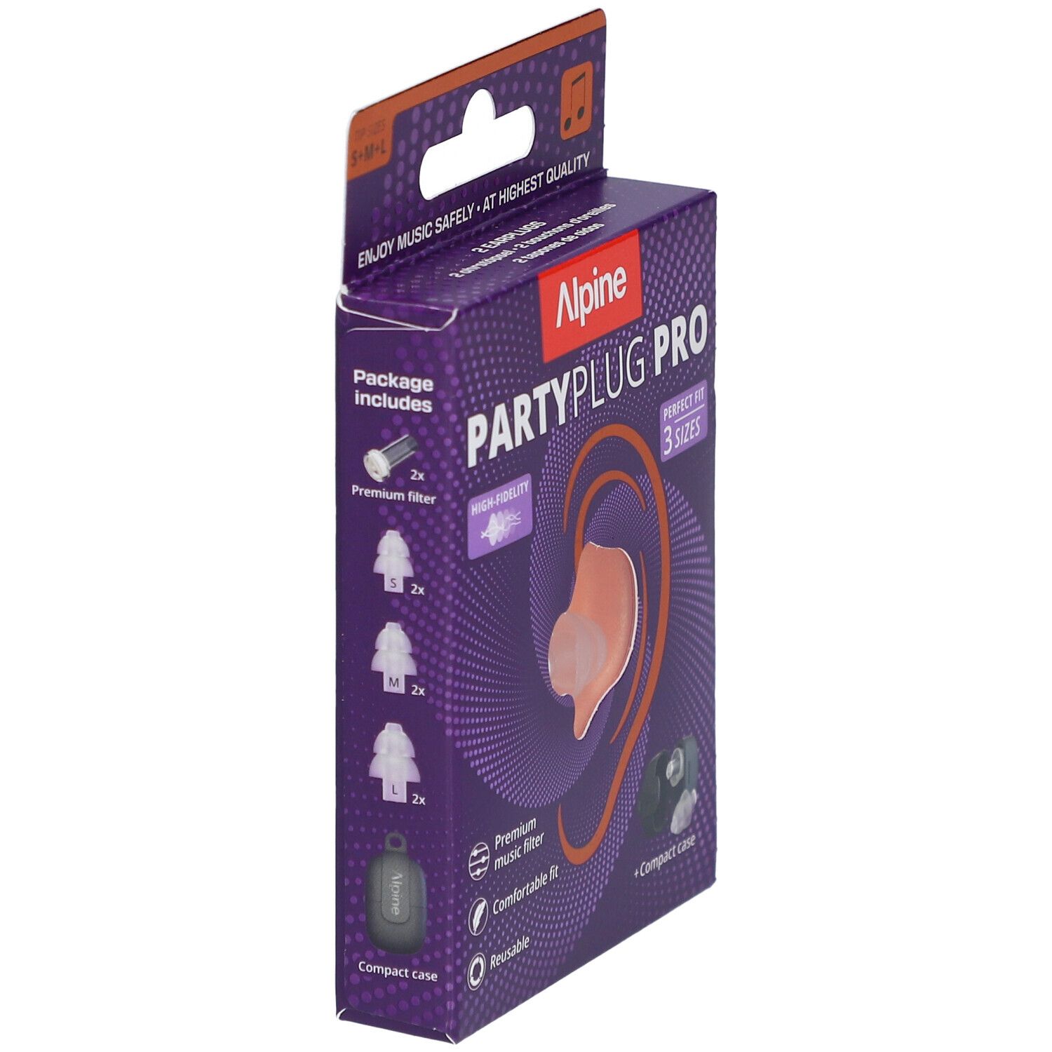 Verpackung Alpine PartyPlug Pro. Enthält Ohrstöpsel, Filter und eine kompakte Hülle. 3 Größen. Violette Verpackung.