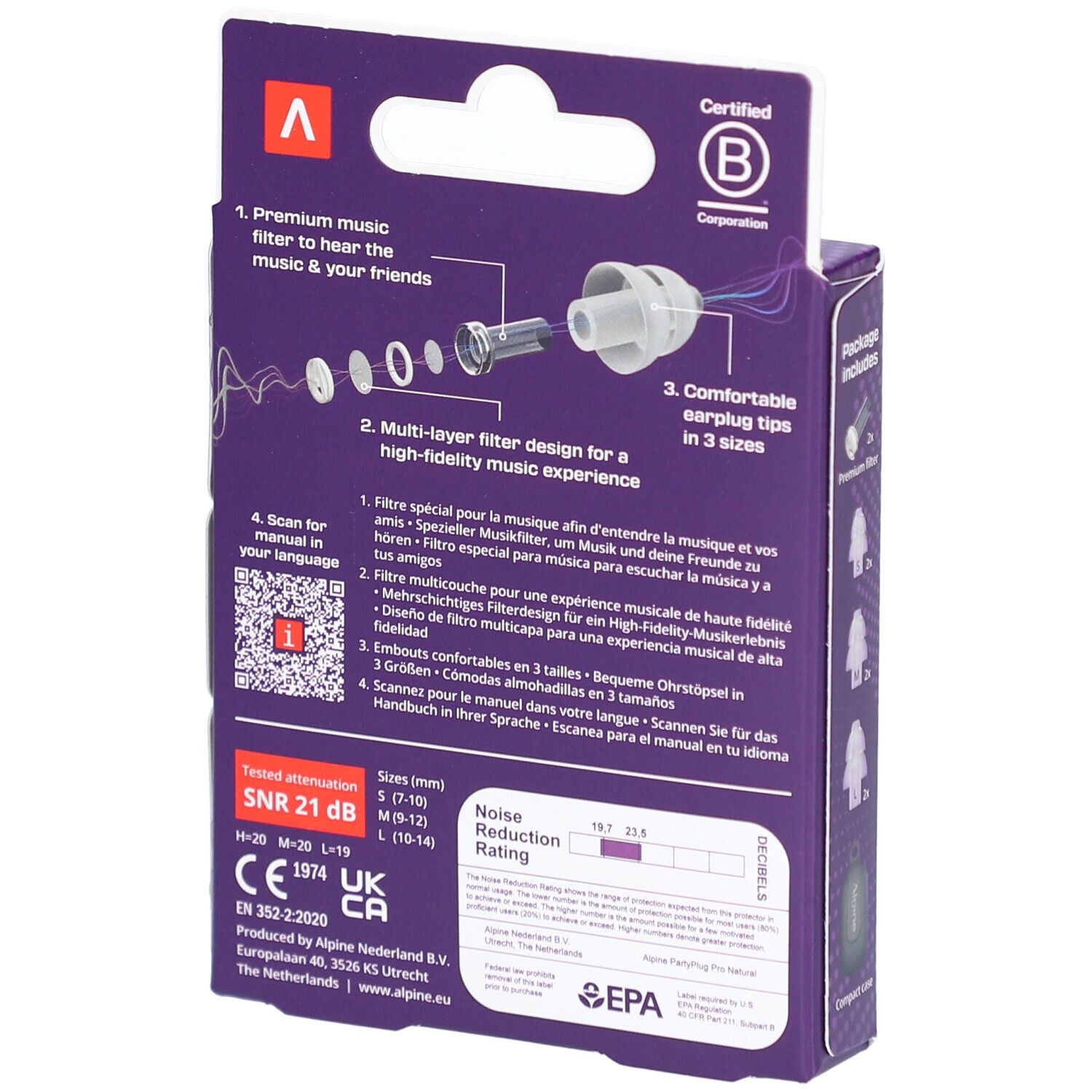 Rückseite der Verpackung Alpine PartyPlug Pro. Enthält Informationen zu Filtern, Größen und Zertifizierungen. Violett.