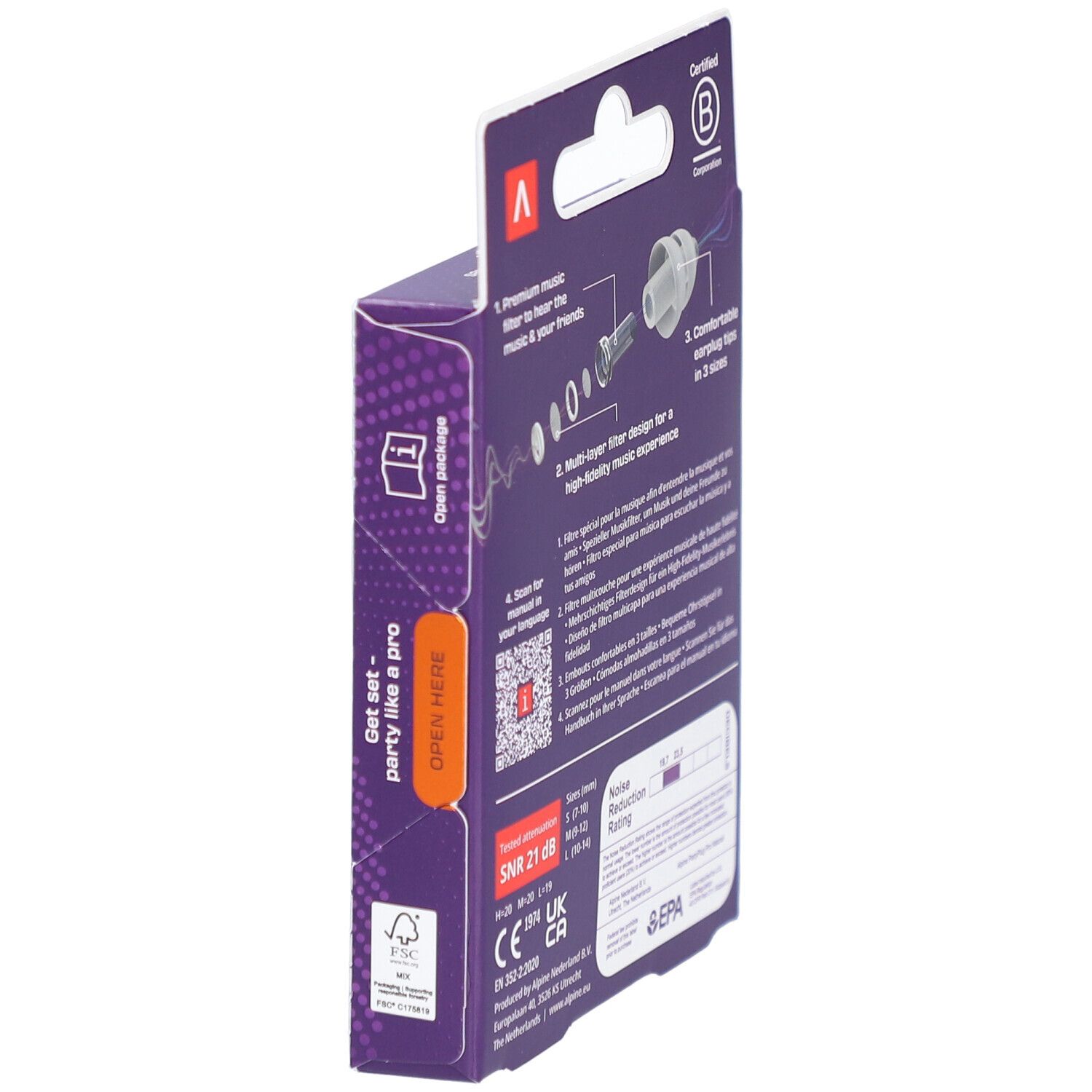 Seitenansicht der Verpackung Alpine PartyPlug Pro. Enthält Informationen zu Filtern, Größen und Zertifizierungen. Violett.