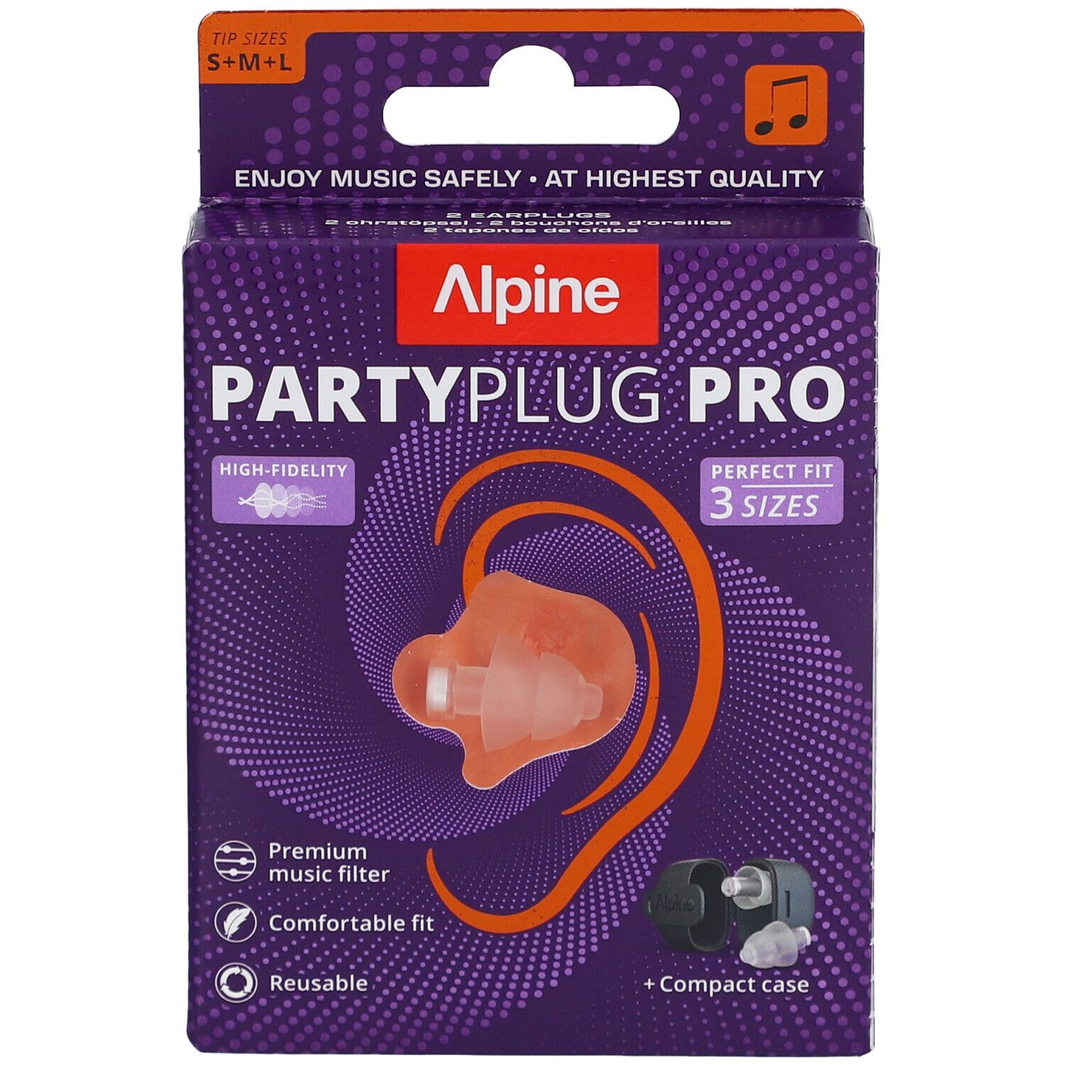 Verpackung Alpine PartyPlug Pro. Enthält Ohrstöpsel in 3 Größen. Aufdruck: Premium-Musikfilter, wiederverwendbar.