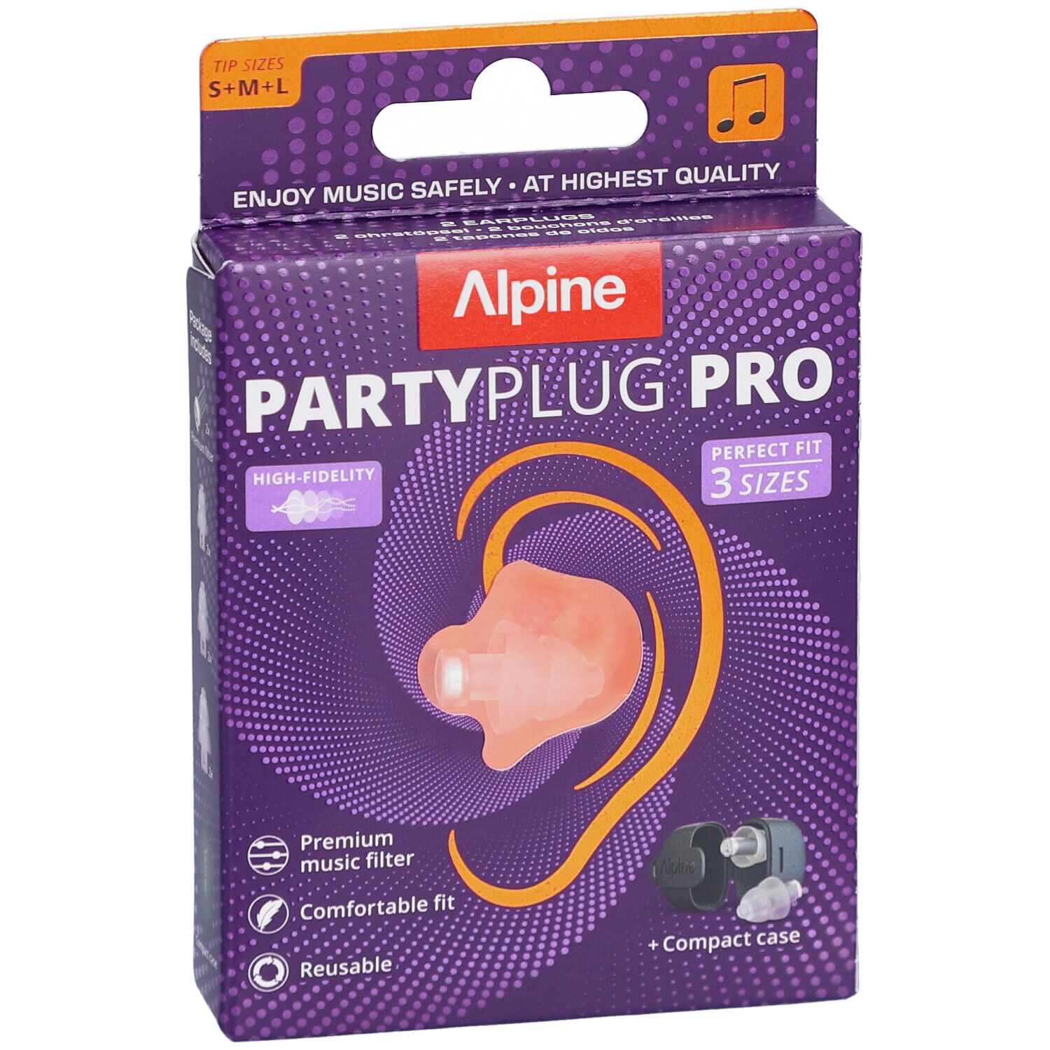 Verpackung Alpine PartyPlug Pro. Ohrstöpsel in 3 Größen. Aufdruck: Premium-Musikfilter, komfortable Passform.