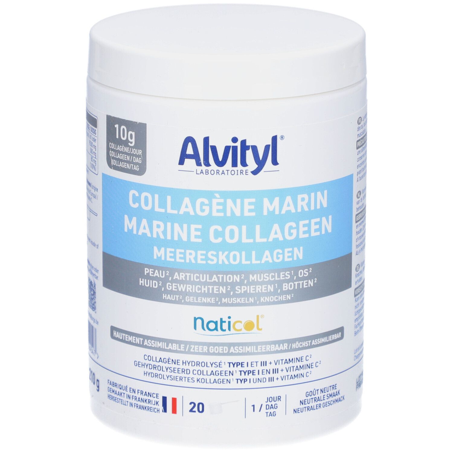 Weißes Alvityl® Collagène Marin Pulver. Blaue und weiße Etiketten mit Produktnamen und Inhaltsstoffen. 20 Portionen.