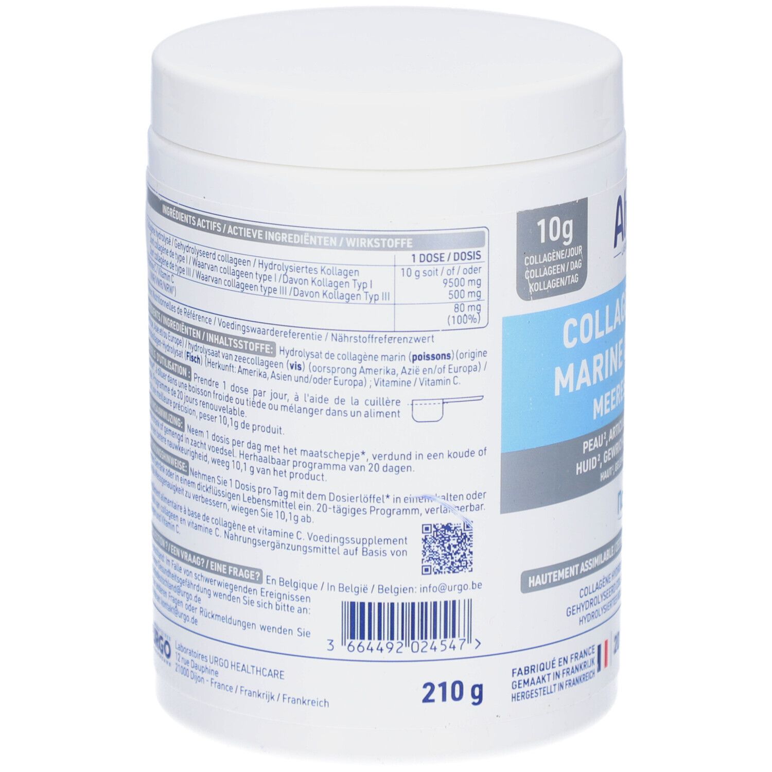 Rückseite der Alvityl® Collagène Marin Dose. Enthält Informationen zu Inhaltsstoffen und Anwendung. 210g.