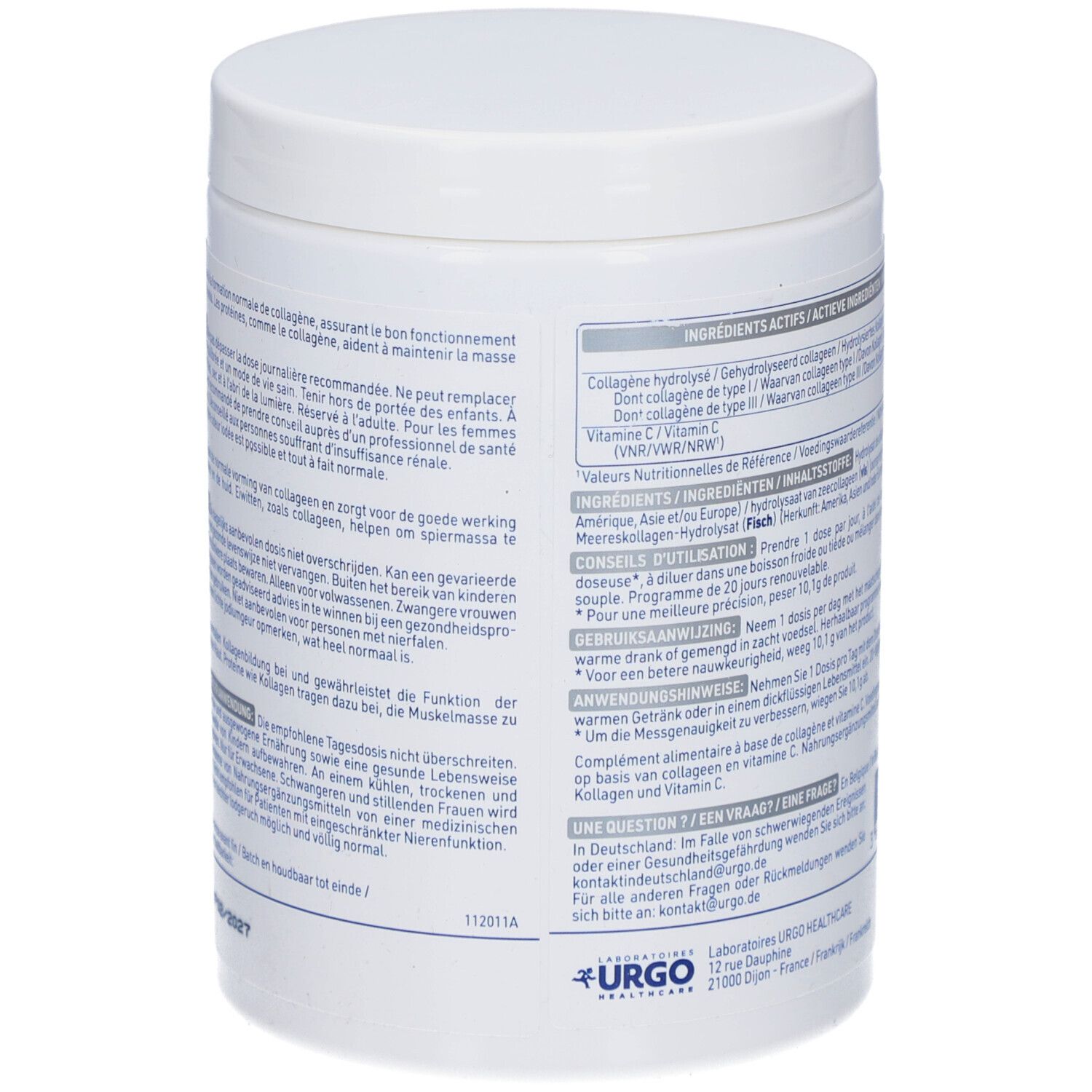 Rückseite der Alvityl® Collagène Marin Dose. Enthält Informationen zu Inhaltsstoffen und Anwendung. 210g.