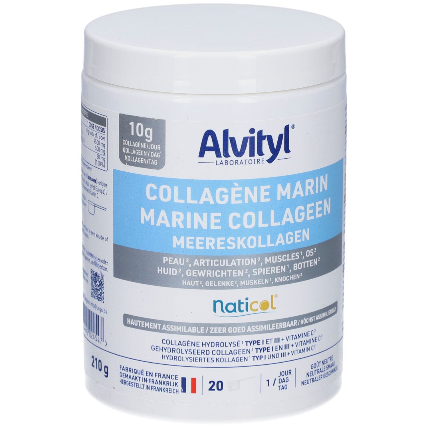 Weißes Alvityl® Collagène Marin Pulver. Blaue und weiße Etiketten mit Produktnamen und Inhaltsstoffen. 210g.