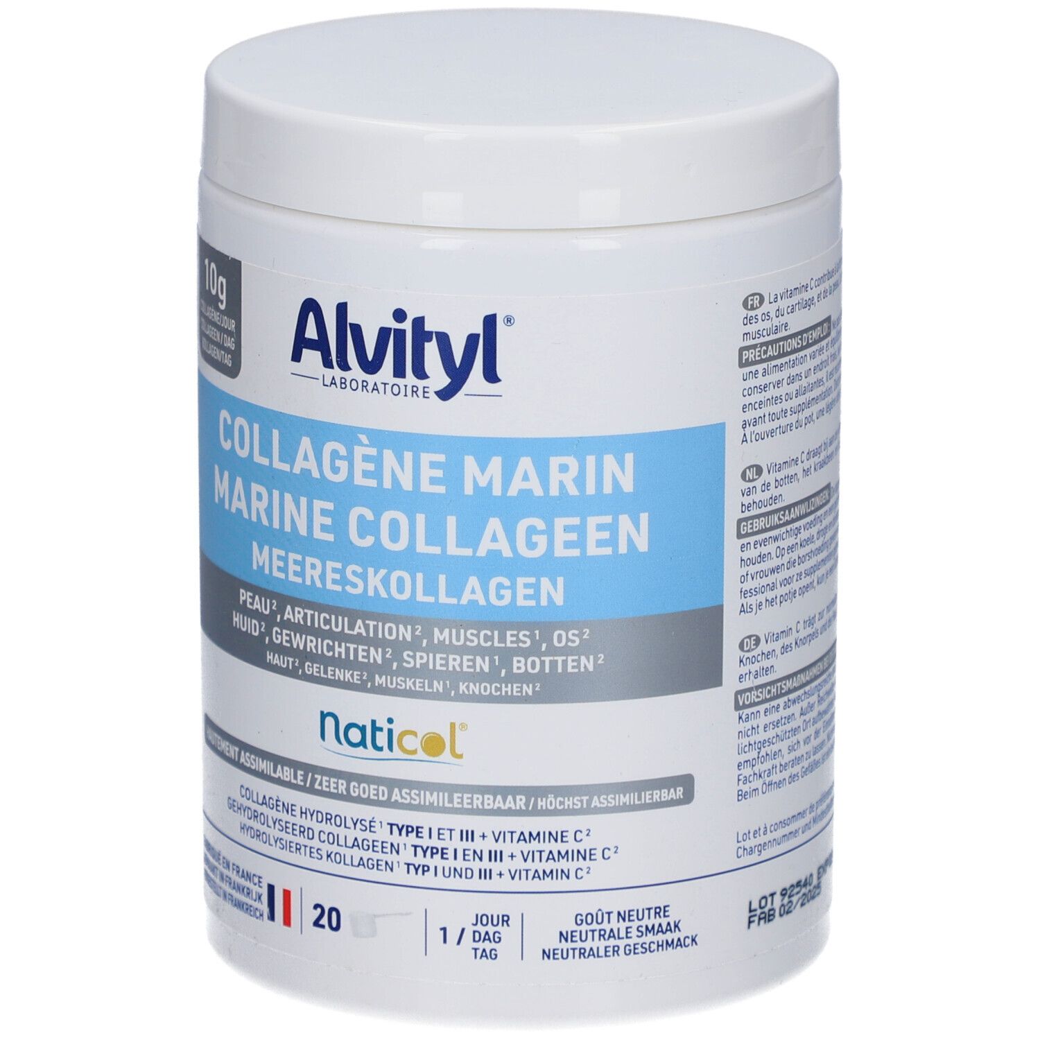 Weißes Alvityl® Collagène Marin Pulver. Blaue und weiße Etiketten mit Produktnamen und Inhaltsstoffen. 210g.