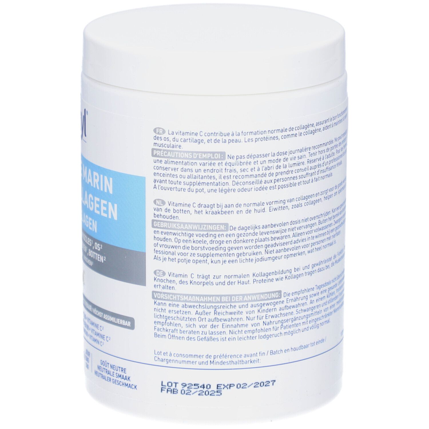 Rückseite der Alvityl® Collagène Marin Dose. Enthält Informationen zu Inhaltsstoffen und Anwendung. 210g.