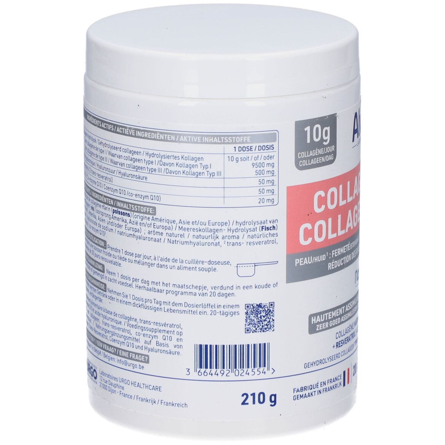 Dos du pot blanc. Contient des informations sur les ingrédients et l'utilisation. 210g.
