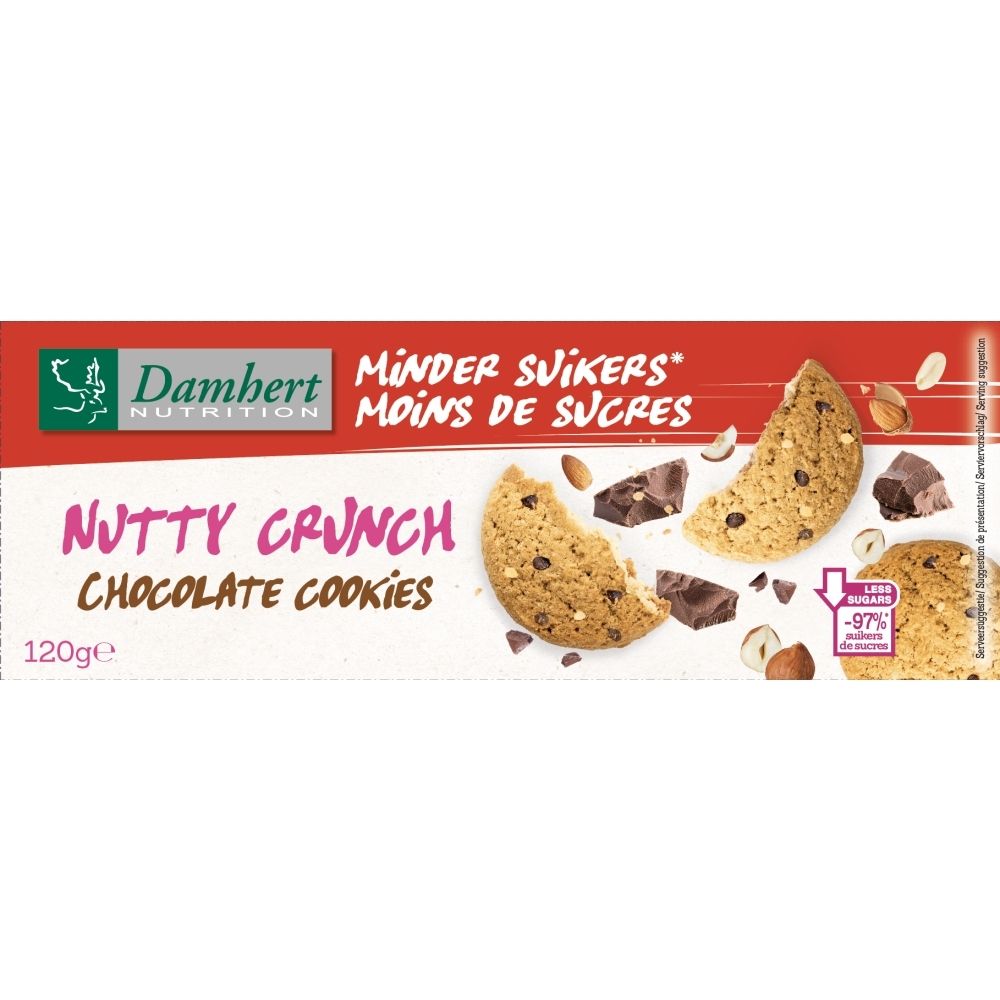 Dambert Nutriton Nutty Crunch Schokoladenkekse mit Nüssen und Schokoladenstückchen.