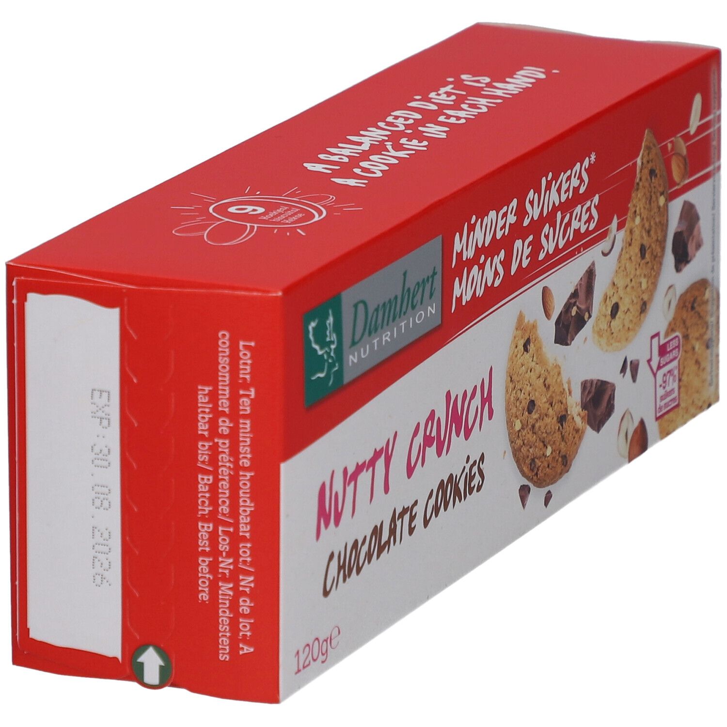 Boîte rouge avec logo Damhert et inscription "Nutty Crunch Chocolate Cookies". Date de péremption 30.08.2026.