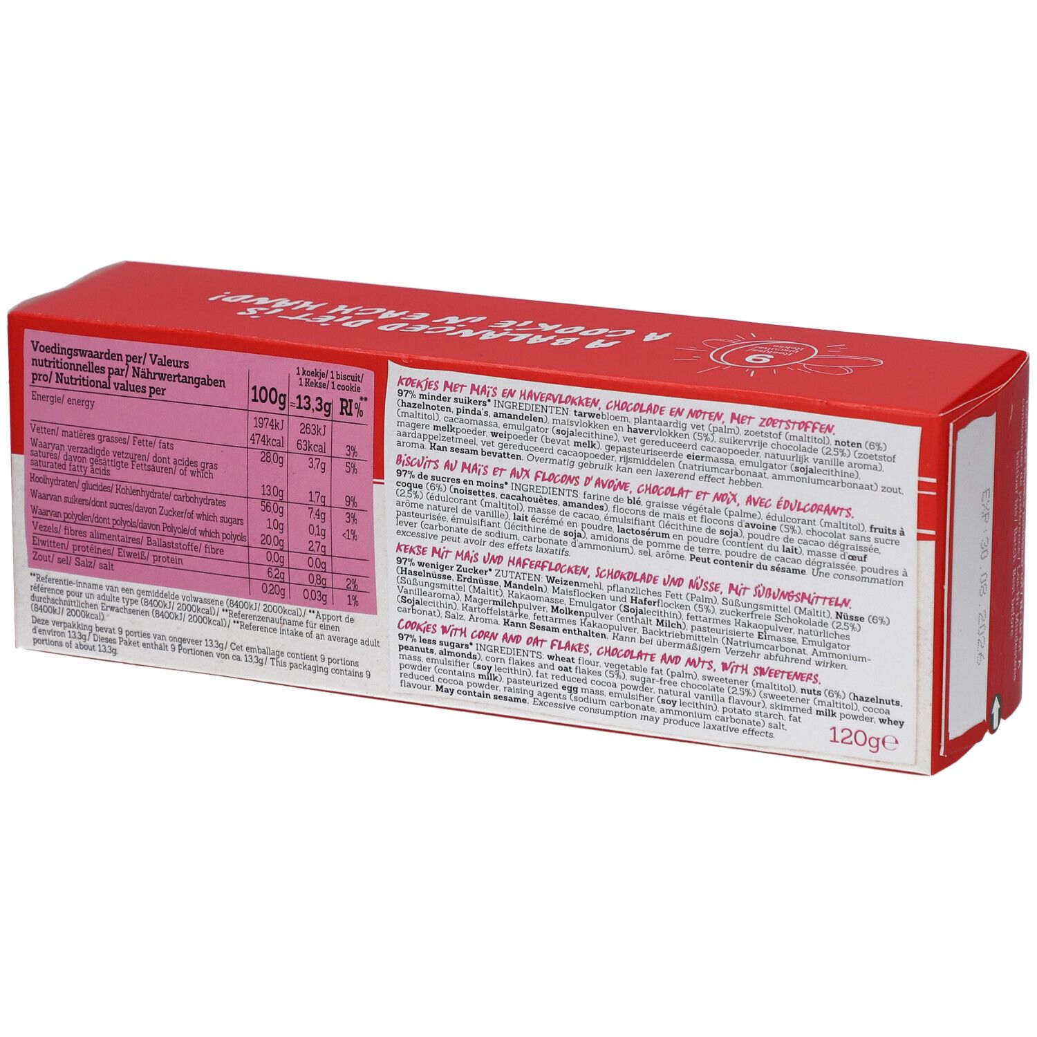 Dos de la boîte rouge avec informations nutritionnelles et liste des ingrédients pour "Nutty Crunch Chocolate Cookies".