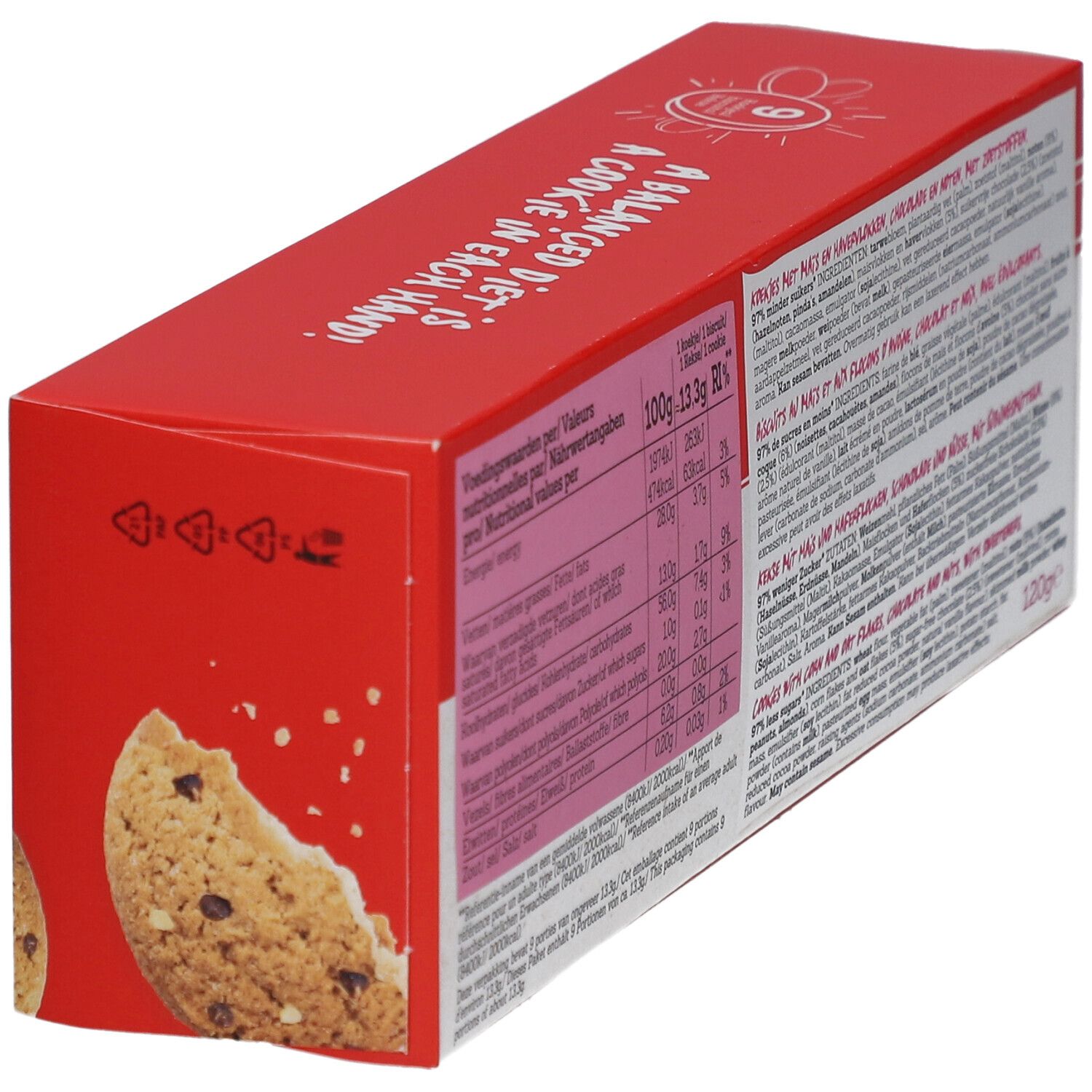 Boîte rouge avec informations nutritionnelles et inscription "Nutty Crunch Chocolate Cookies".