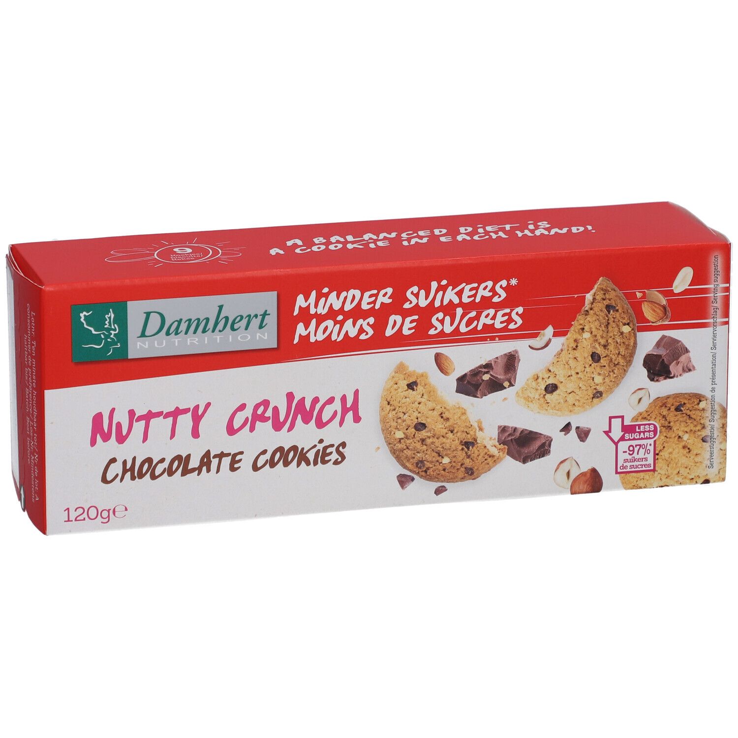 Boîte rouge avec logo Damhert et inscription "Nutty Crunch Chocolate Cookies". Illustration de biscuits et ingrédients.
