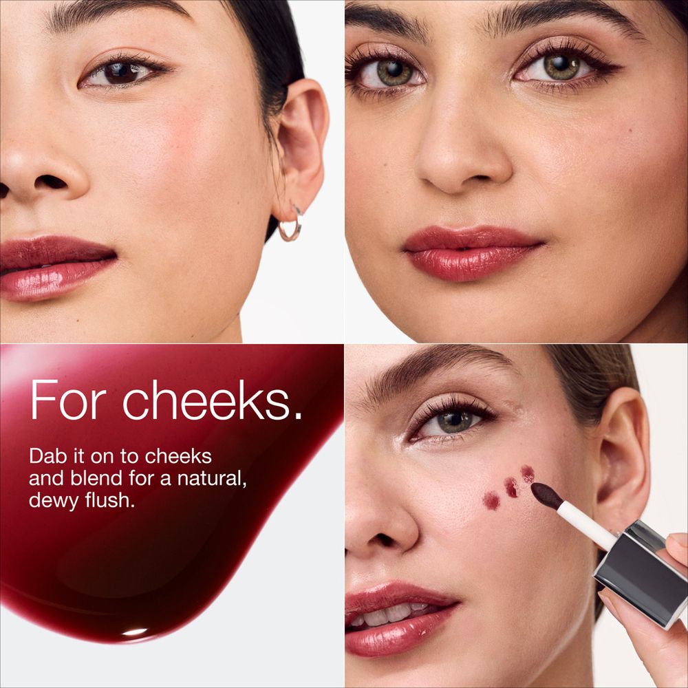 Visages avec maquillage des joues. Texte : « For cheeks. Dab it on... »