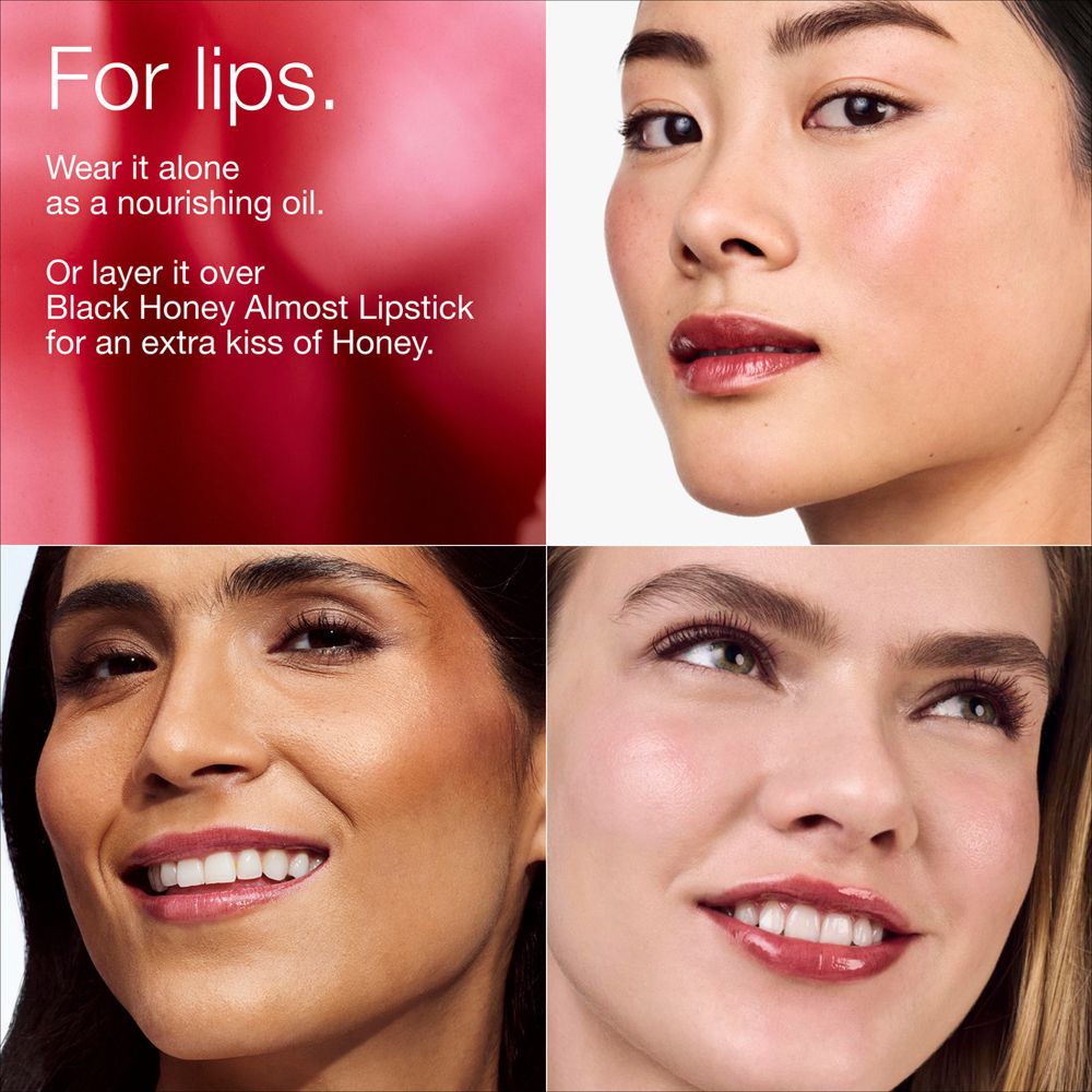 Quatre visages avec maquillage des lèvres. Texte : Pour les lèvres. Ou en couche sur Black Honey Almost Lipstick.