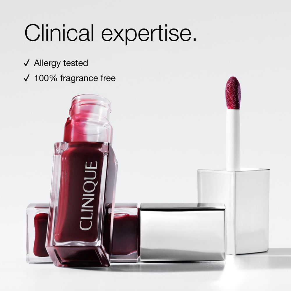 Flacons ouverts de Clinique Pop™ Lip + Cheek Oil. Texte : Expertise clinique. Testé contre les allergies. 100% sans parfum.