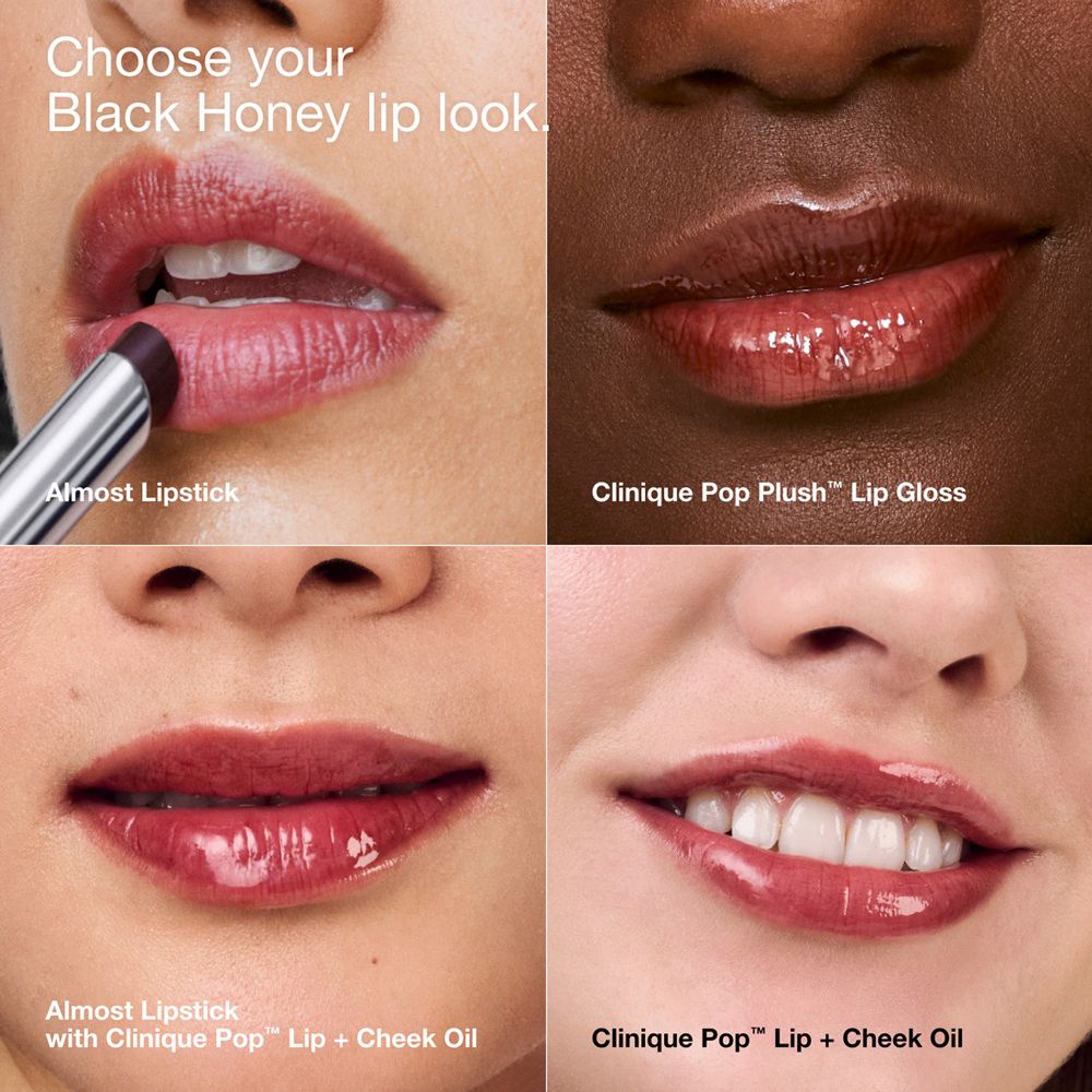 Quatre visages avec maquillage des lèvres. Différents looks avec Clinique Pop™ Lip + Cheek Oil.