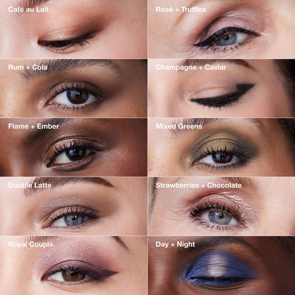 Nahaufnahmen von Augen mit verschiedenen Clinique High Impact Shadow Play-Farben. Jedes Auge hat einen anderen Farbton.