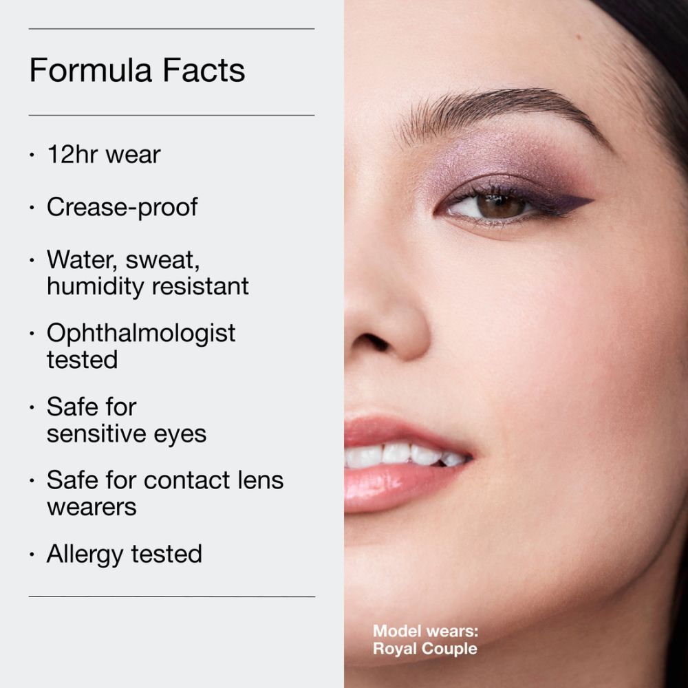 Visage d'une femme avec maquillage des yeux. Texte : 12h de tenue, sans plis, résistant à l'eau, testé par des ophtalmologistes.