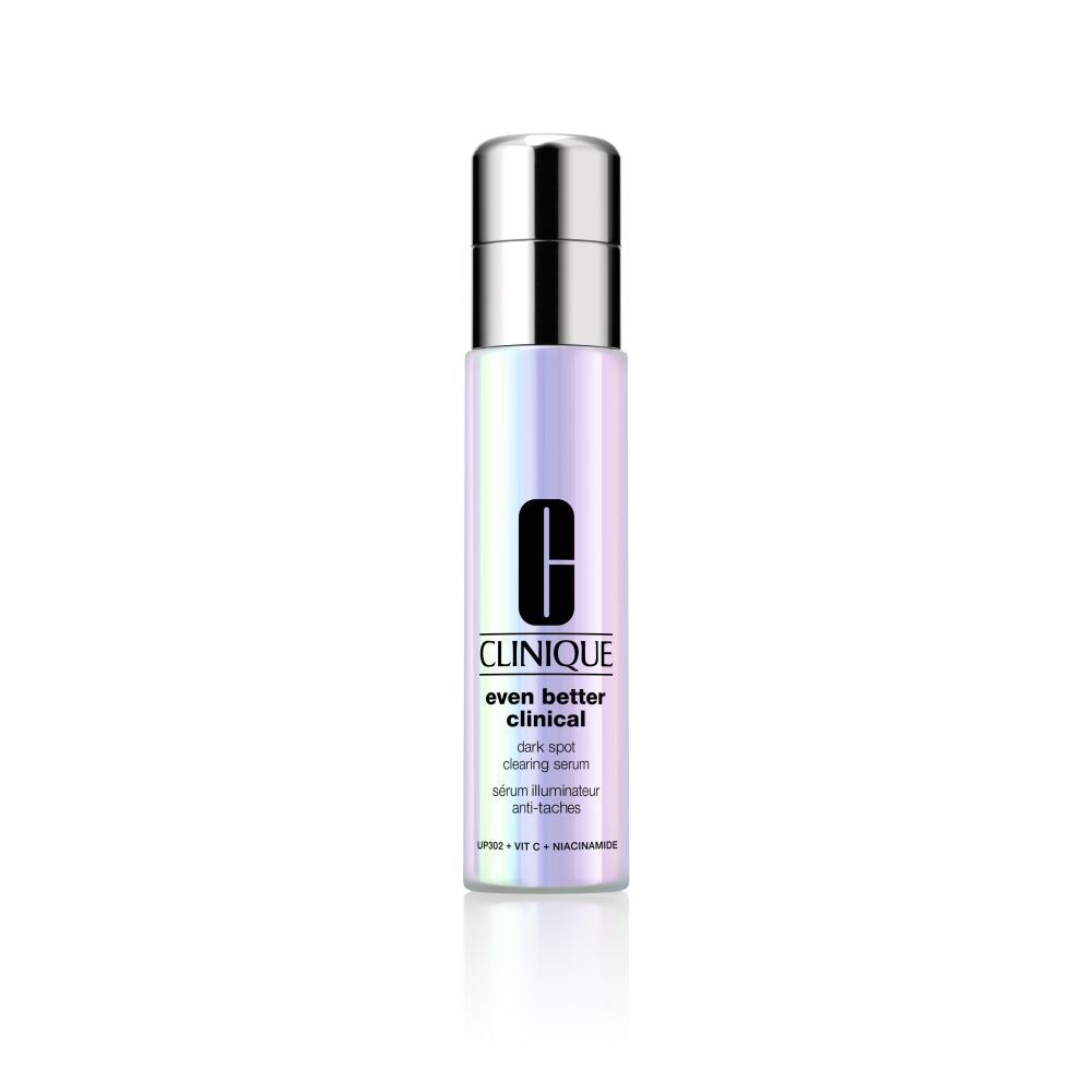 Sérum Clinique Even Better Clinical. Flacon à bouchon argenté, étiquette irisée. Logo et nom du produit visibles.