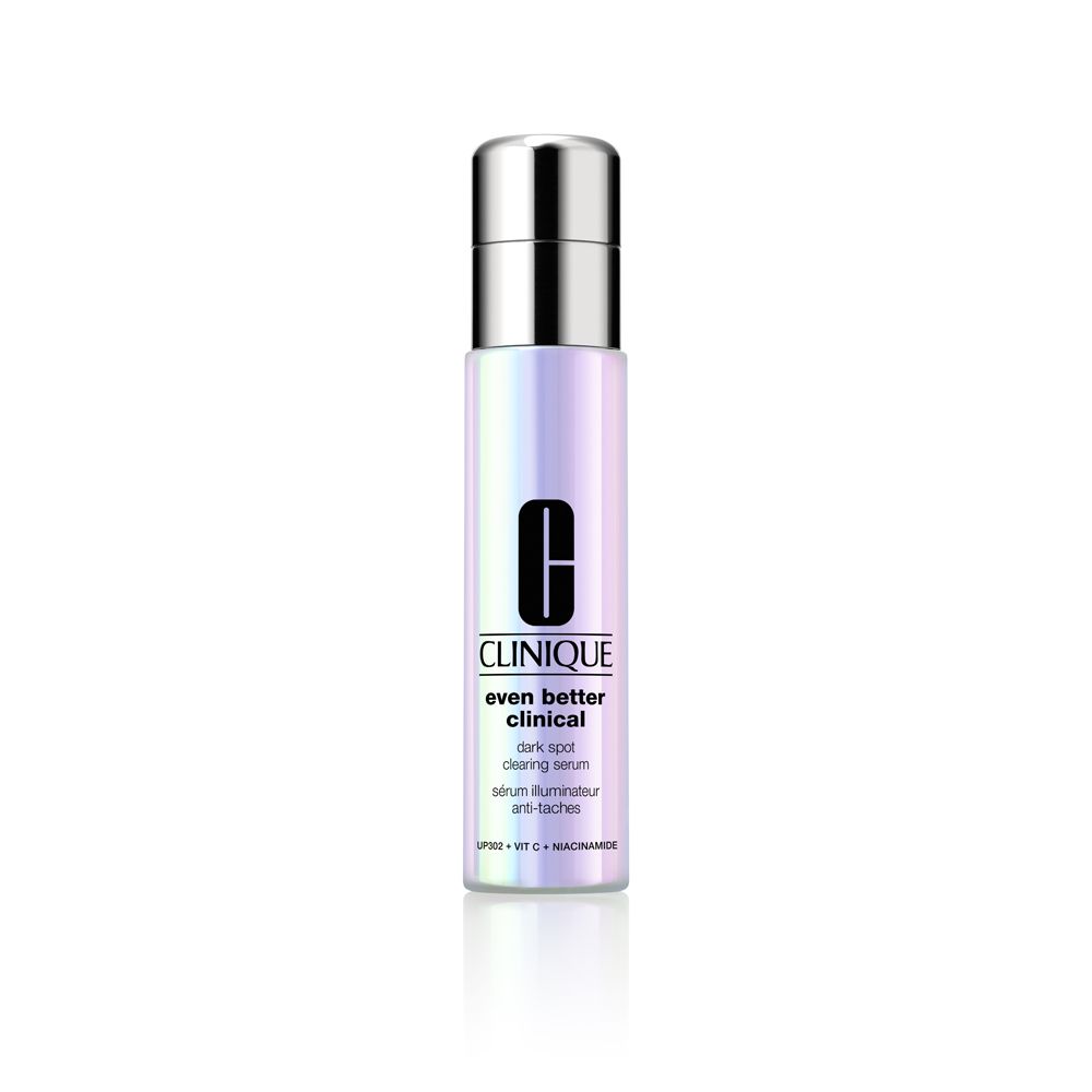 Sérum Clinique Even Better Clinical. Flacon à bouchon argenté, étiquette irisée. Logo et nom du produit visibles.