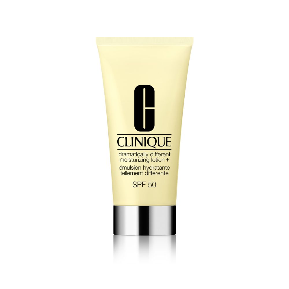 Gelbe Tube mit silbernem Deckel. Aufschrift: Clinique, Dramatically Different Moisturizing Lotion + SPF 50.