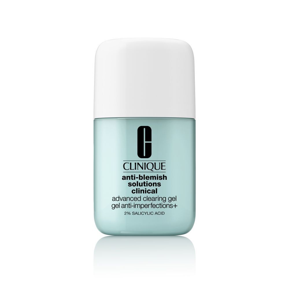 Flacon bleu clair avec bouchon blanc. Inscription : Clinique Anti-Blemish Solutions, Advanced Clearing Gel.