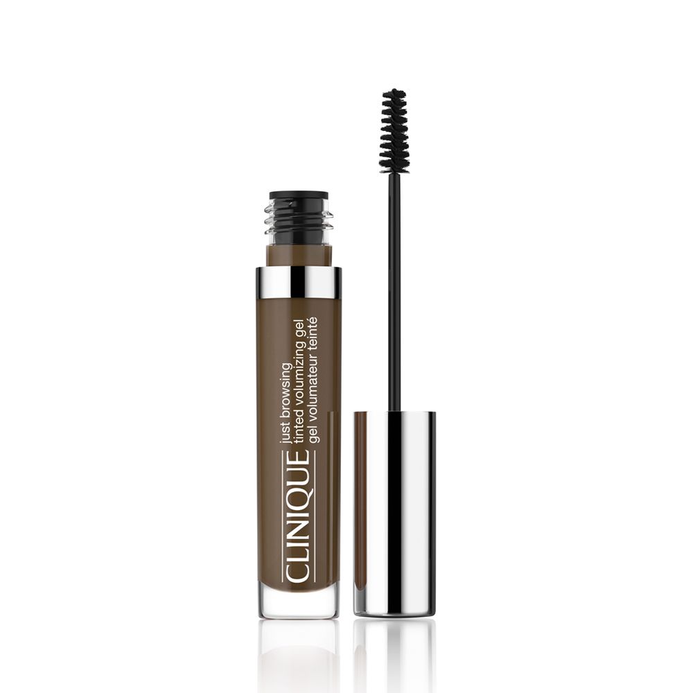 Clinique Just Browsing Gel. Braune Tube, Bürste. Silberner Deckel. Text.