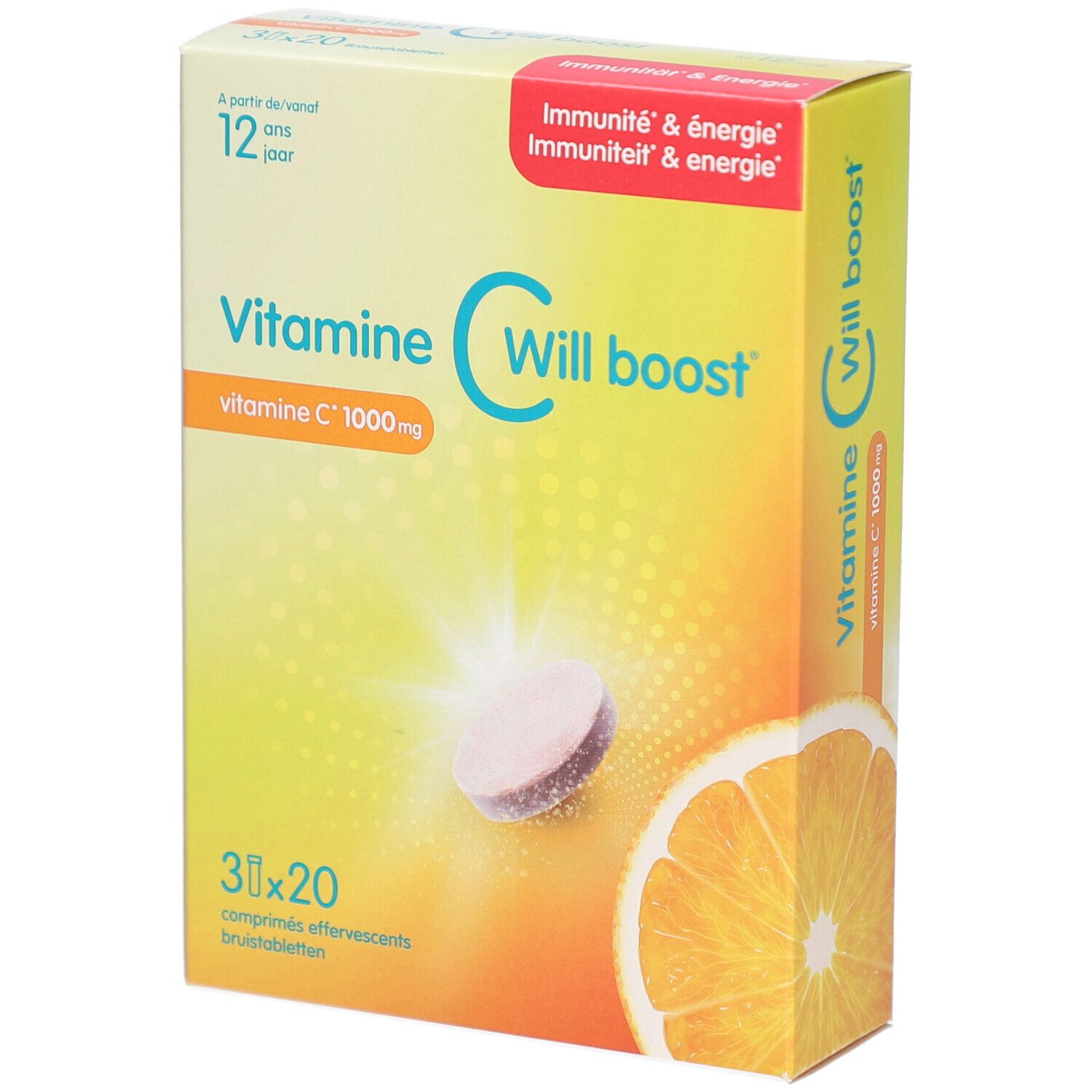 Verpackung von Will Pharma Vitamine C Will boost. Enthält 30x20 Brausetabletten. Orange und Tablette abgebildet. Text: Vitamine C 1000mg.