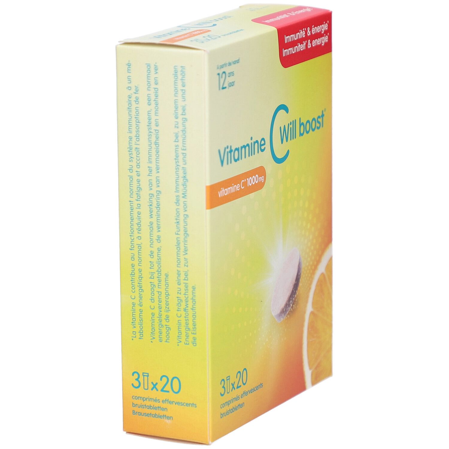Verpackung von Will Pharma Vitamine C Will boost. Enthält 30x20 Brausetabletten. Orange und Tablette abgebildet. Text: Vitamine C 1000mg.