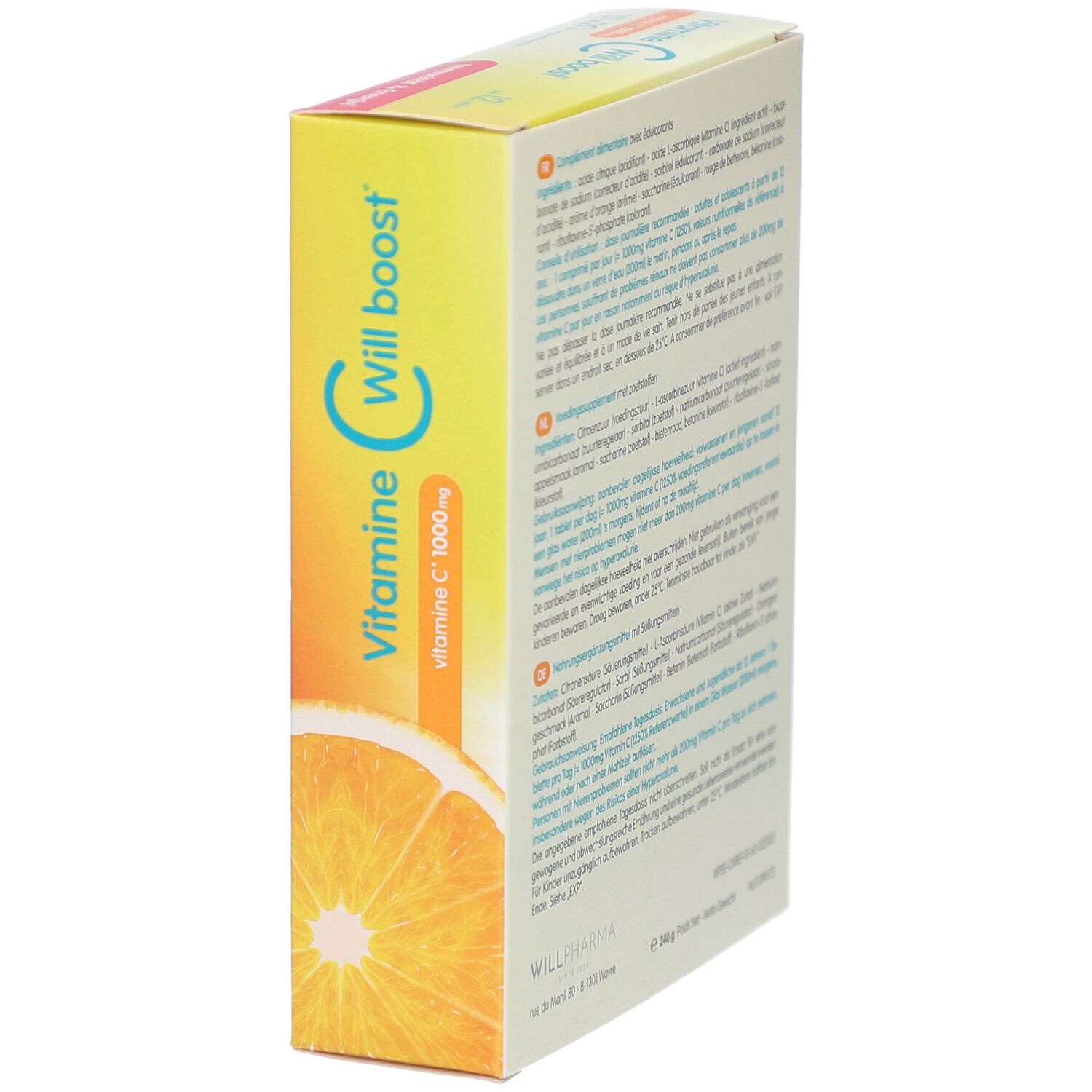 Seite der Verpackung von Will Pharma Vitamine C Will boost. Text: Vitamine C 1000mg. Orange abgebildet. Text in mehreren Sprachen.