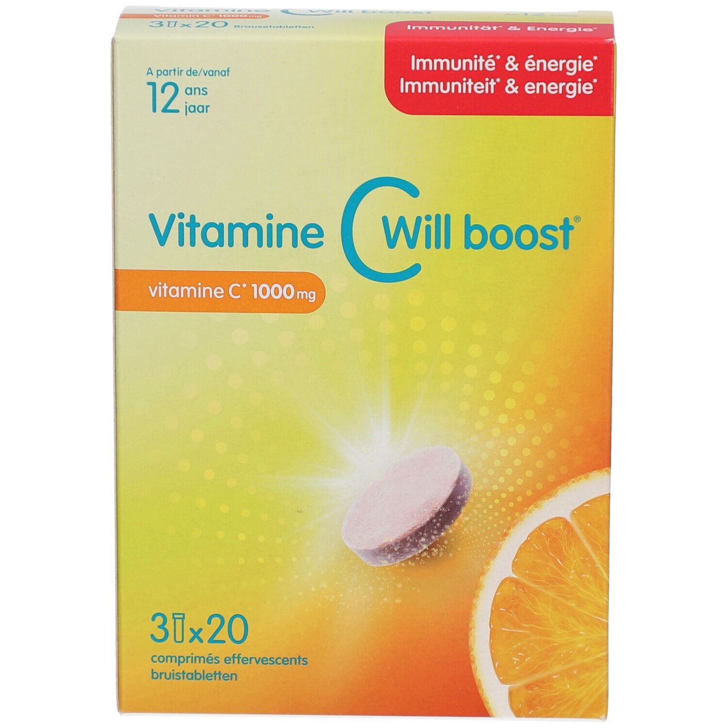 Verpackung von Will Pharma Vitamine C Will boost. Enthält 30x20 Brausetabletten. Orange und Tablette abgebildet. Text: Vitamine C 1000mg.
