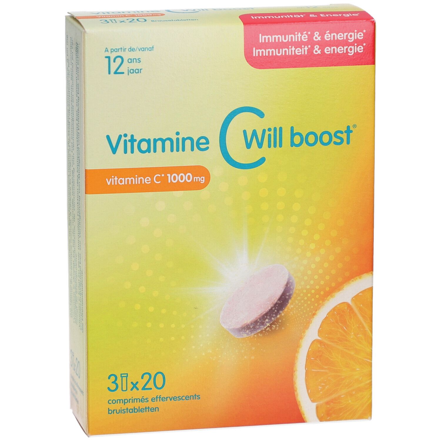 Verpackung von Will Pharma Vitamine C Will boost. Enthält 30x20 Brausetabletten. Orange und Tablette abgebildet. Text: Vitamine C 1000mg.