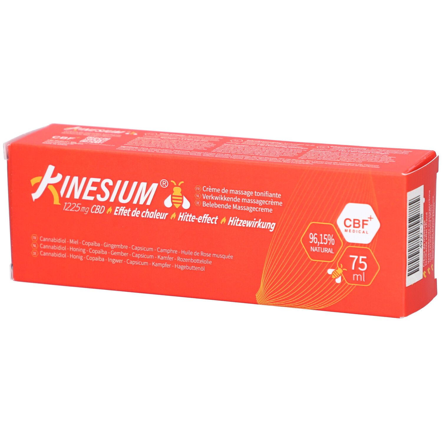 Boîte rouge Kinesium, 1225mg CBD, effet chaleur. Contient 75 ml. Label CBF+ Medical. Ingrédients.