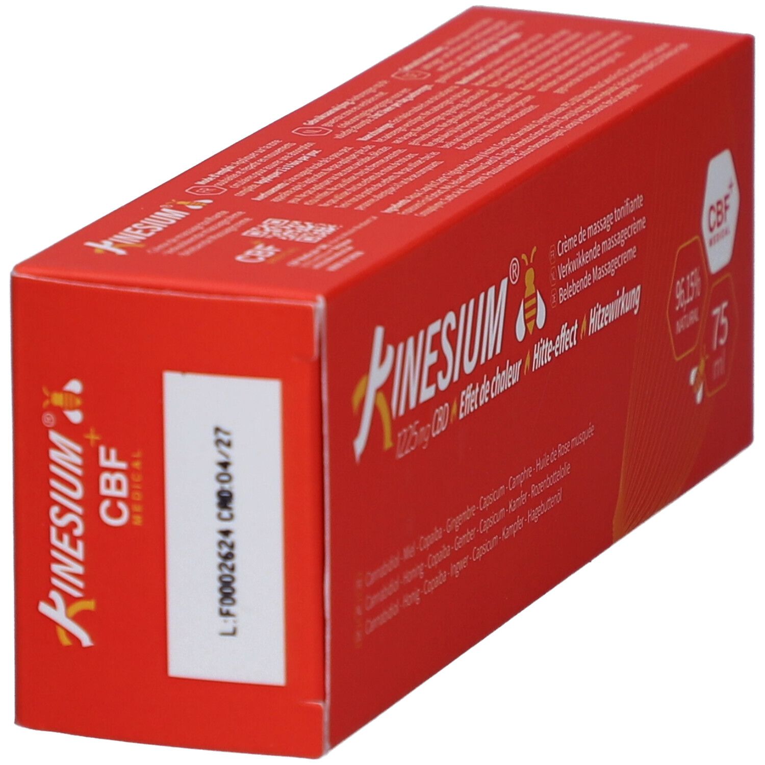 Tube blanc Kinesium crème massage effet chaleur. Label CBF+ Medical. Code QR et texte.
