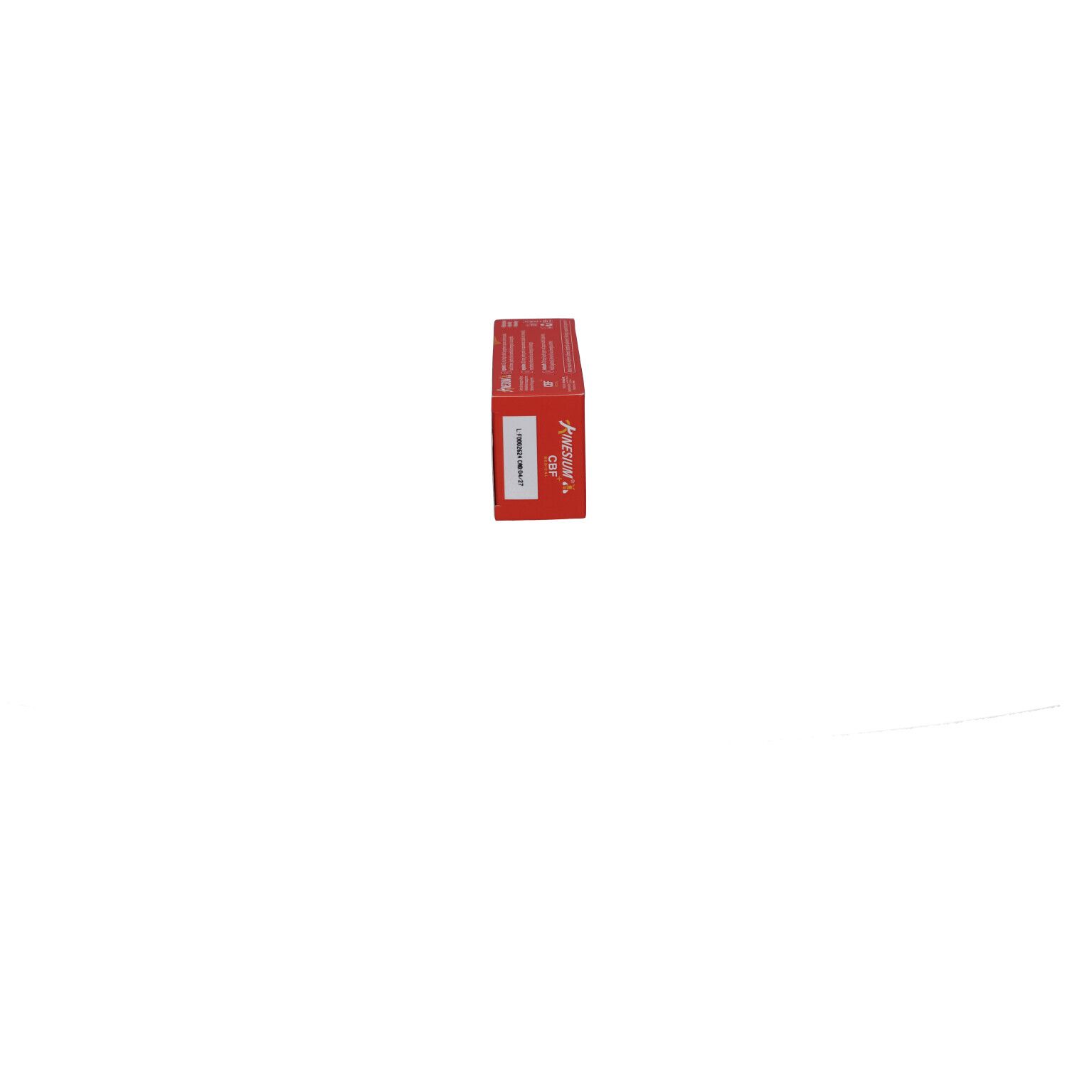 Boîte Kinesium rouge, vue latérale. Informations produit et label CBF+ Medical.